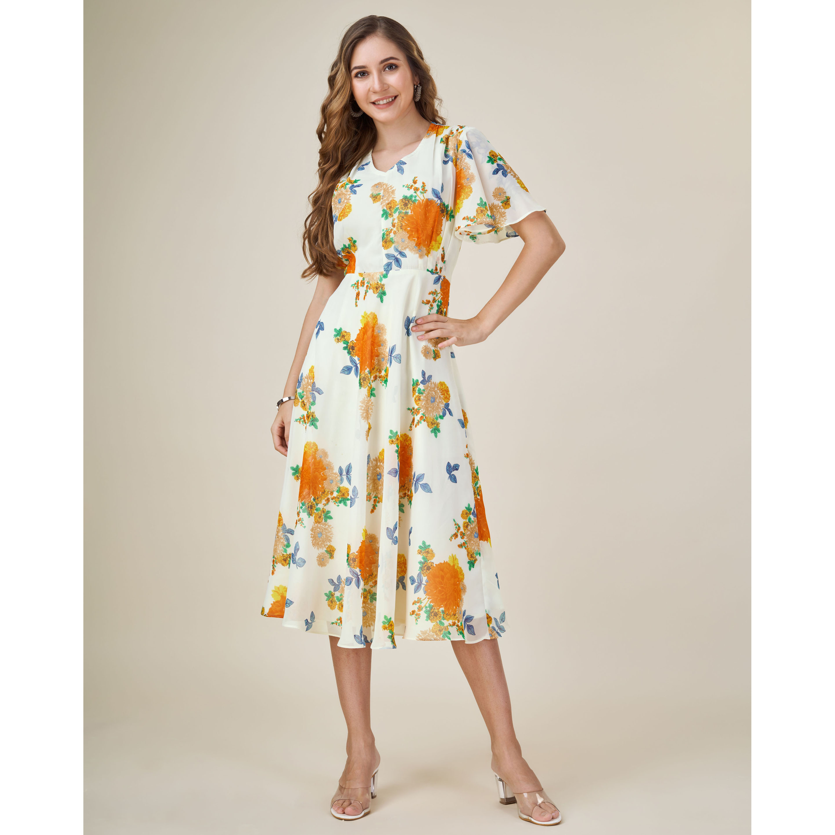 MOJILAA Women's Orange Georgette Floral Printed Empire Dress