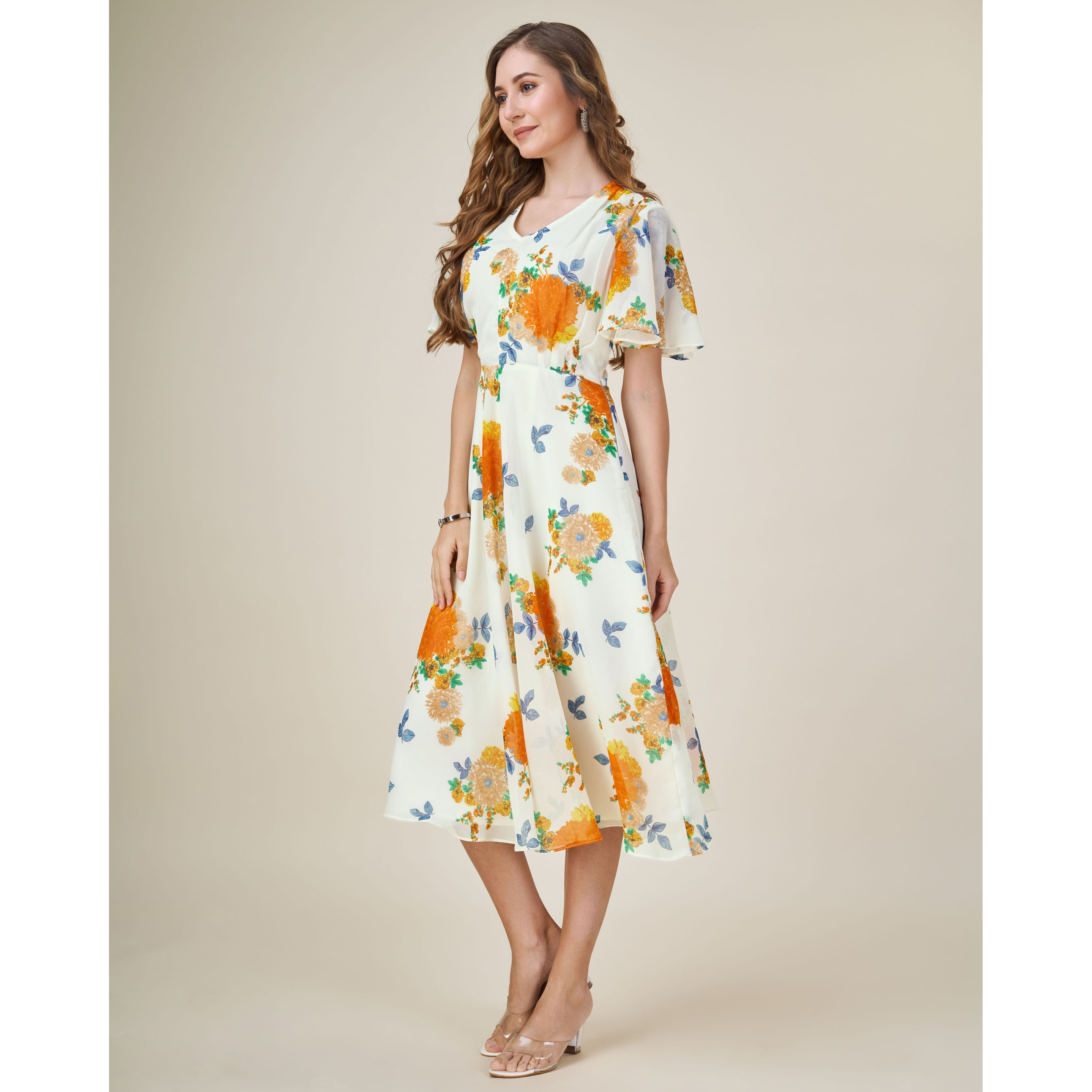 MOJILAA Women's Orange Georgette Floral Printed Empire Dress (Size S, Color Orange)