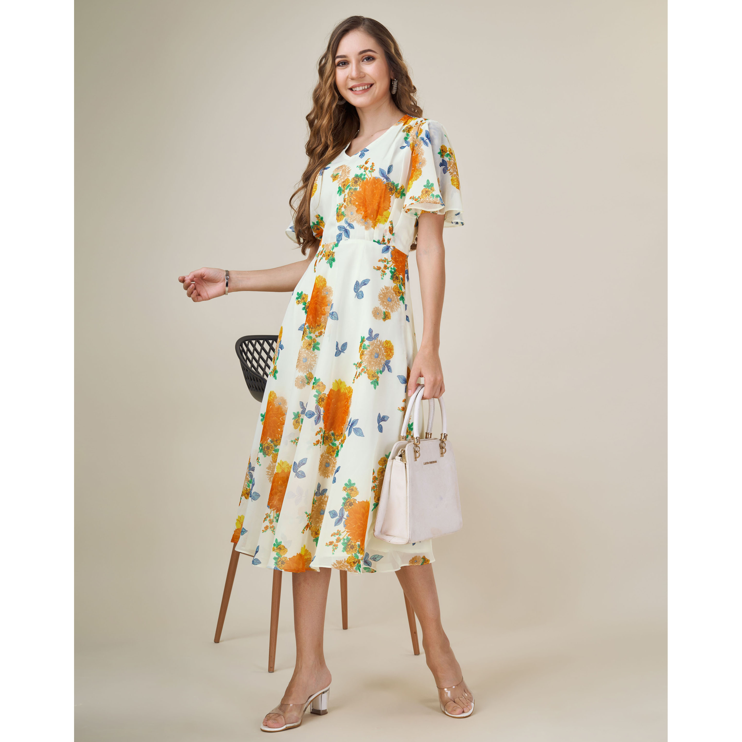 MOJILAA Women's Orange Georgette Floral Printed Empire Dress (Size S, Color Orange)