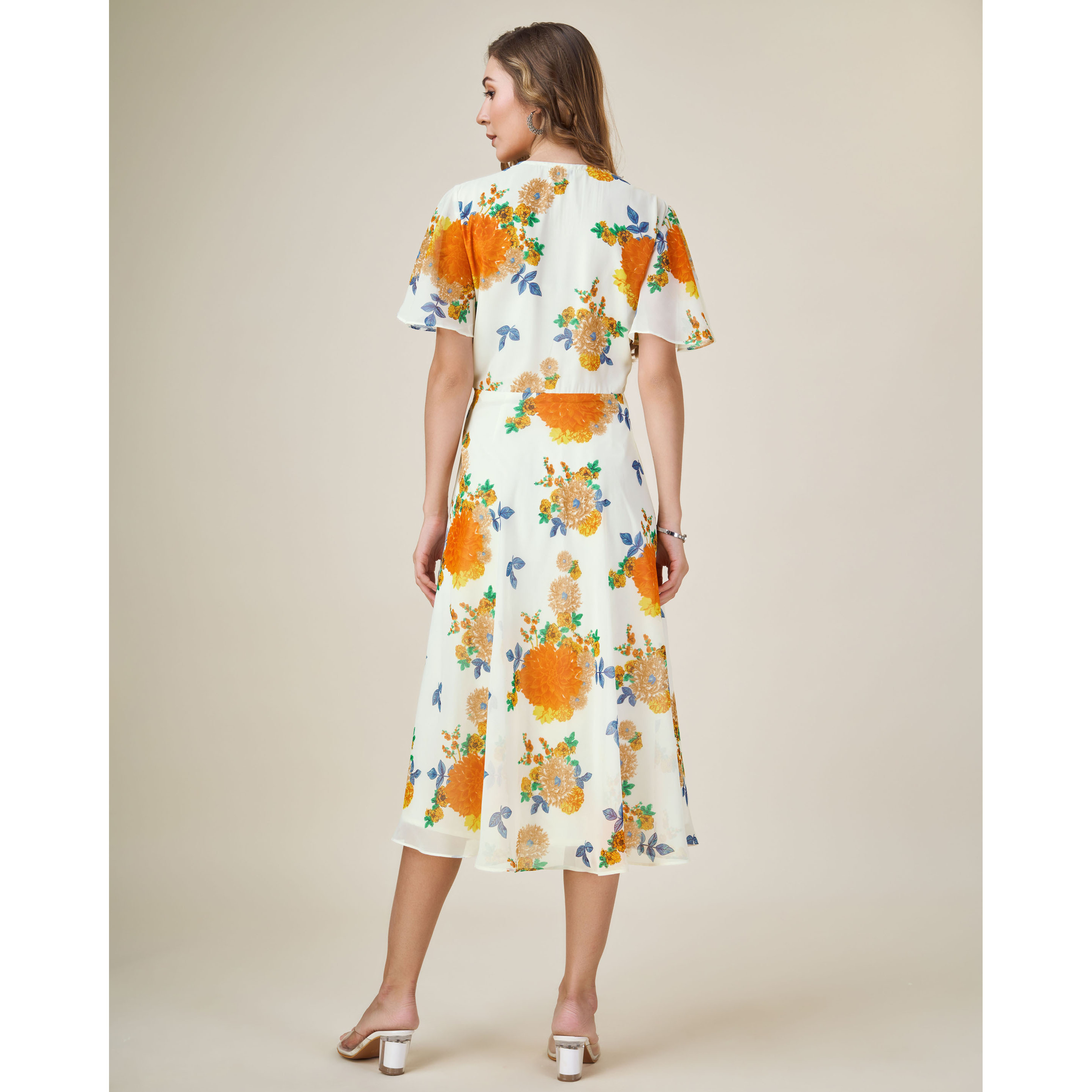MOJILAA Women's Orange Georgette Floral Printed Empire Dress (Size S, Color Orange)