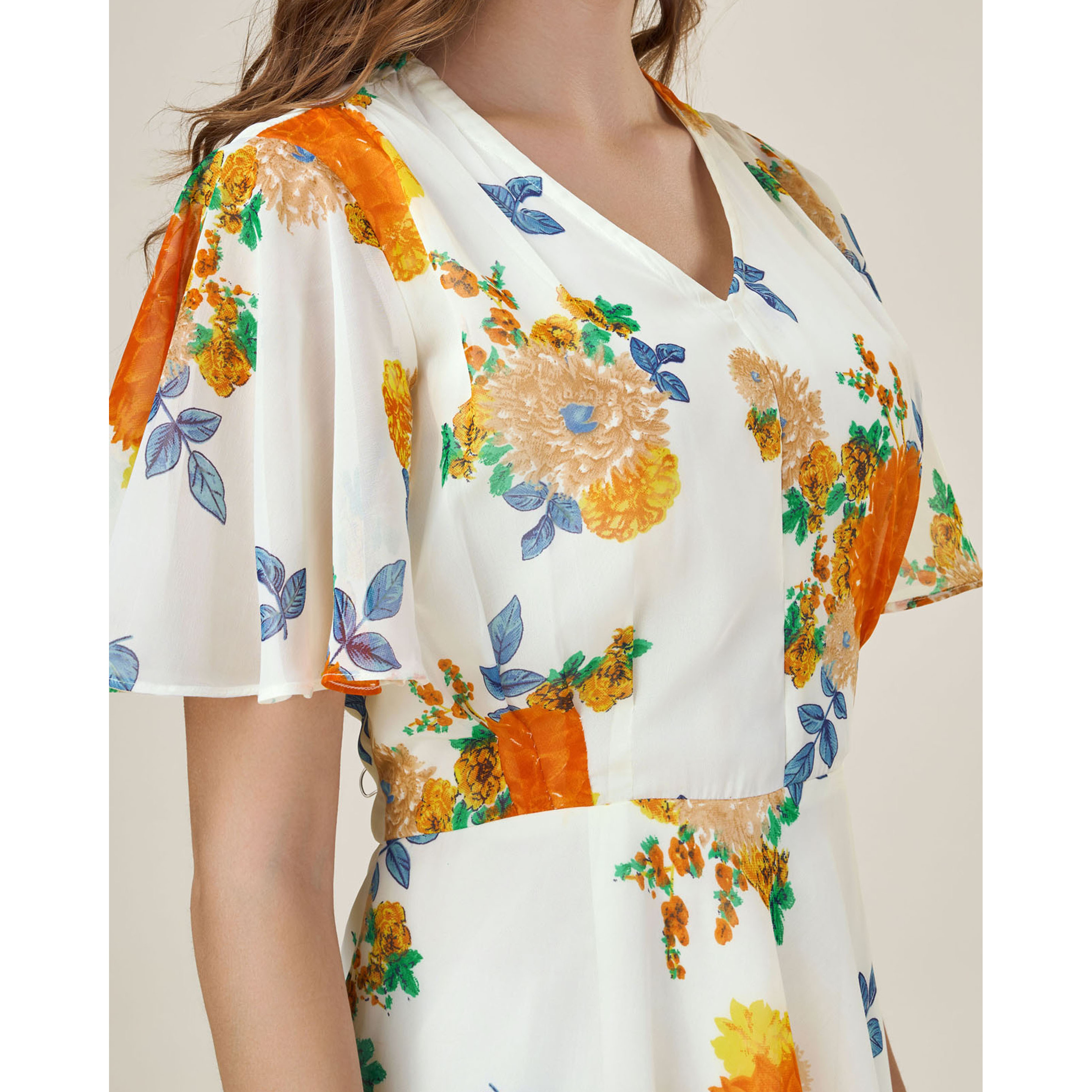 MOJILAA Women's Orange Georgette Floral Printed Empire Dress (Size S, Color Orange)
