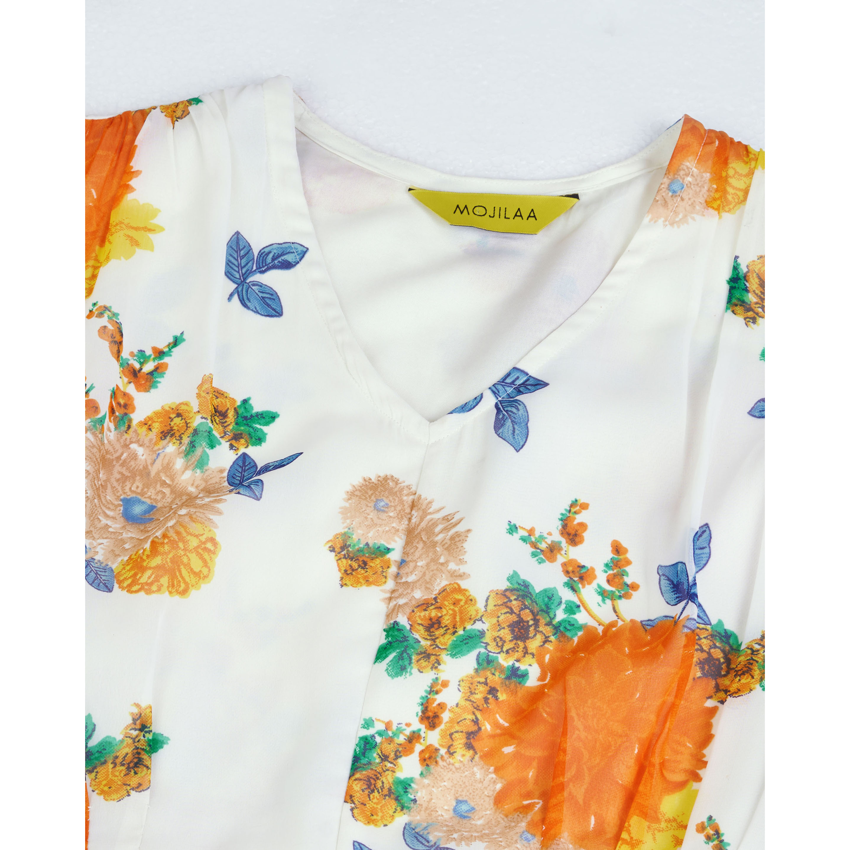 MOJILAA Women's Orange Georgette Floral Printed Empire Dress (Size S, Color Orange)