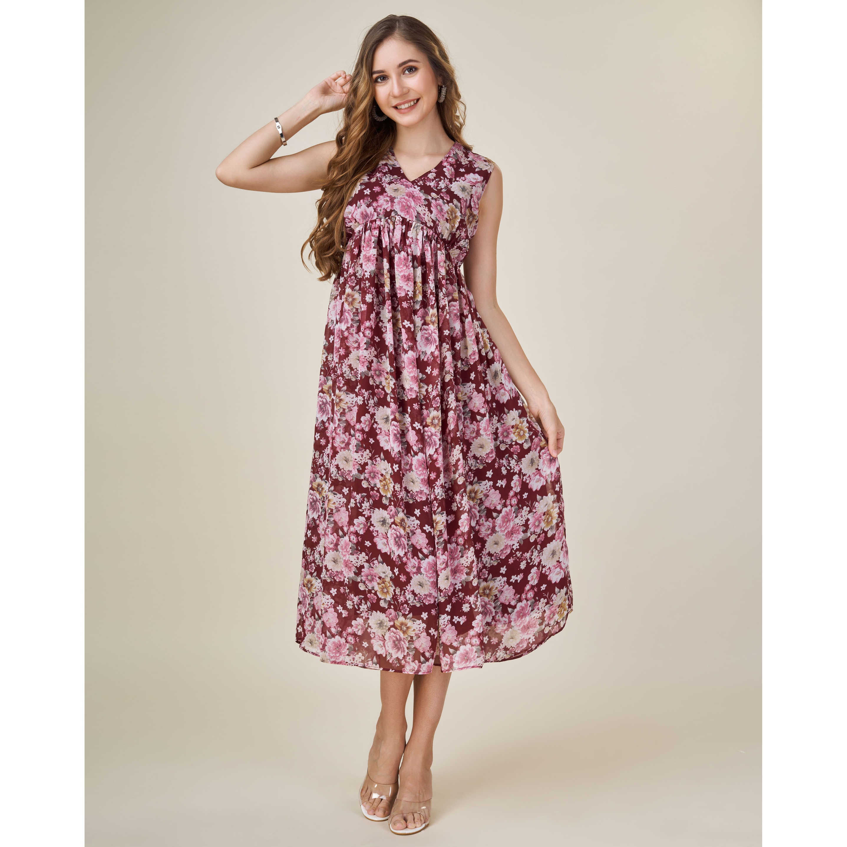 MOJILAA Women's Burgundy Georgette Floral Printed Empire Dress