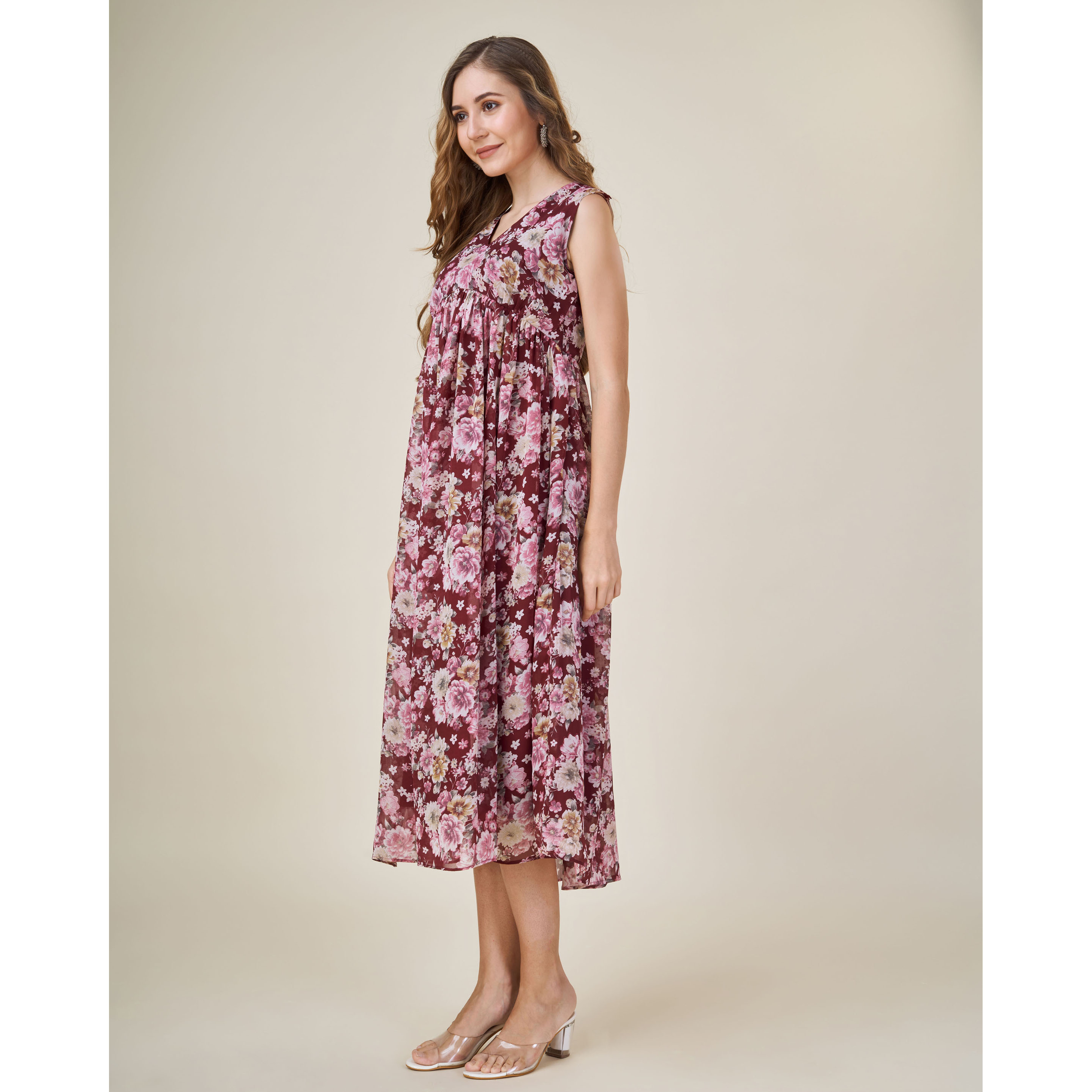 MOJILAA Women's Burgundy Georgette Floral Printed Empire Dress (Size S, Color Burgundy)