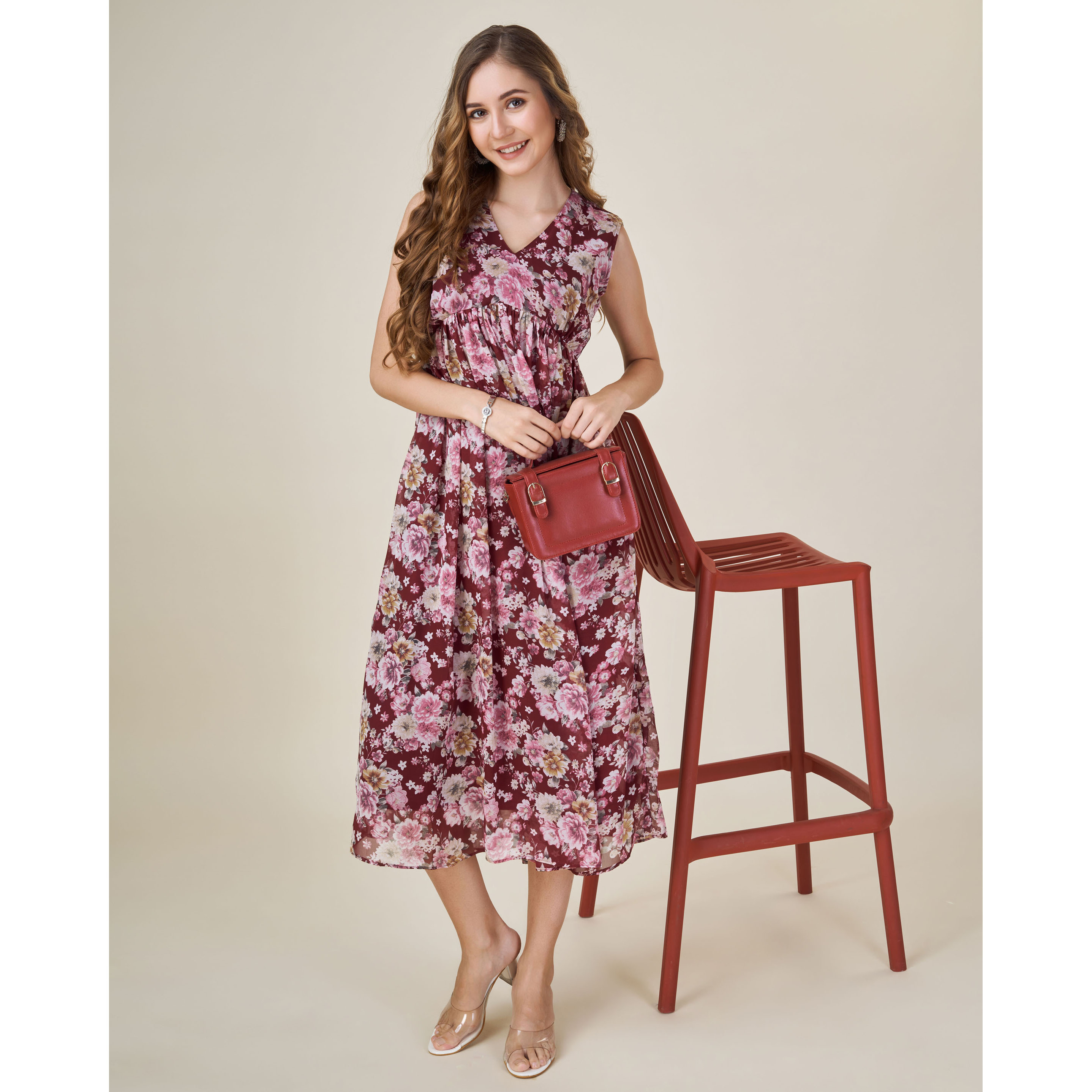 MOJILAA Women's Burgundy Georgette Floral Printed Empire Dress (Size S, Color Burgundy)
