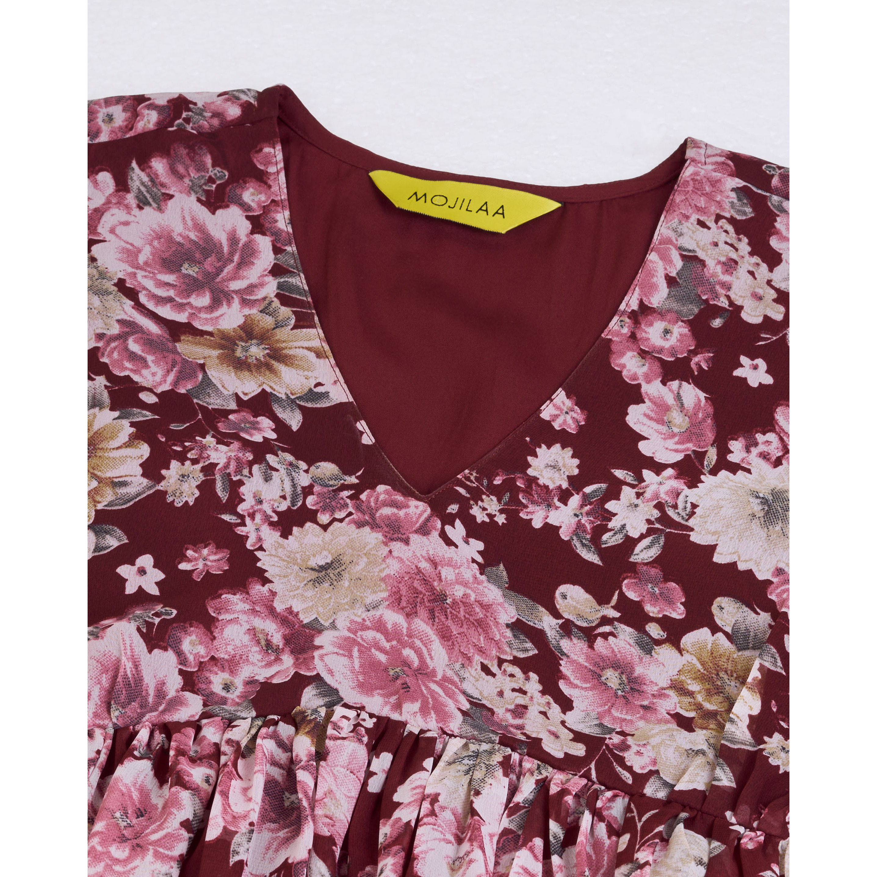 MOJILAA Women's Burgundy Georgette Floral Printed Empire Dress (Size S, Color Burgundy)