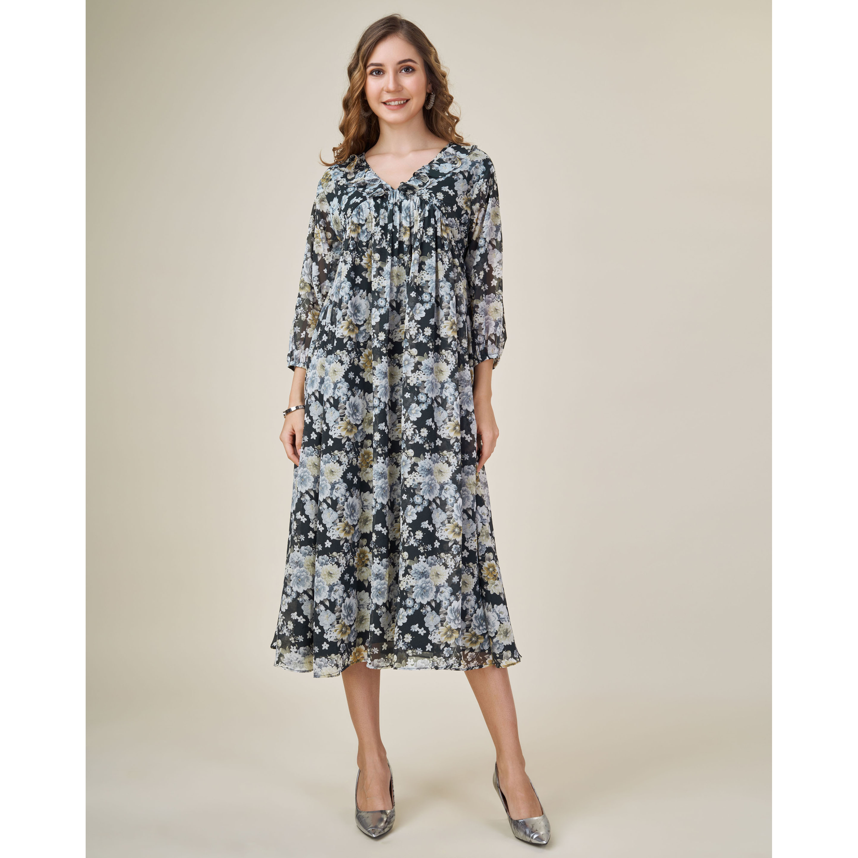 MOJILAA Women's Black Georgette Floral Printed Empire Dress With Ruffles