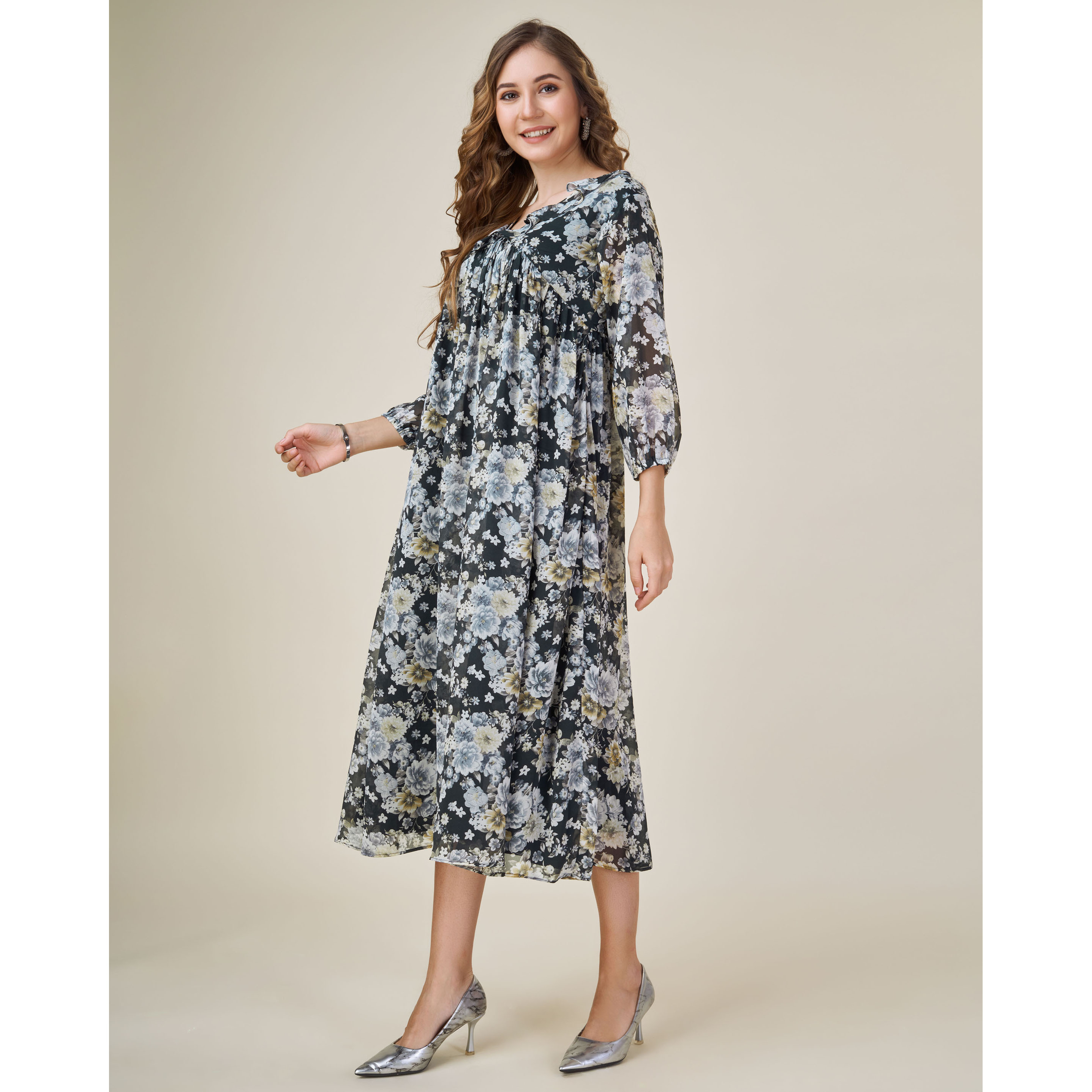 MOJILAA Women's Black Georgette Floral Printed Empire Dress With Ruffles (Size S, Color Black)
