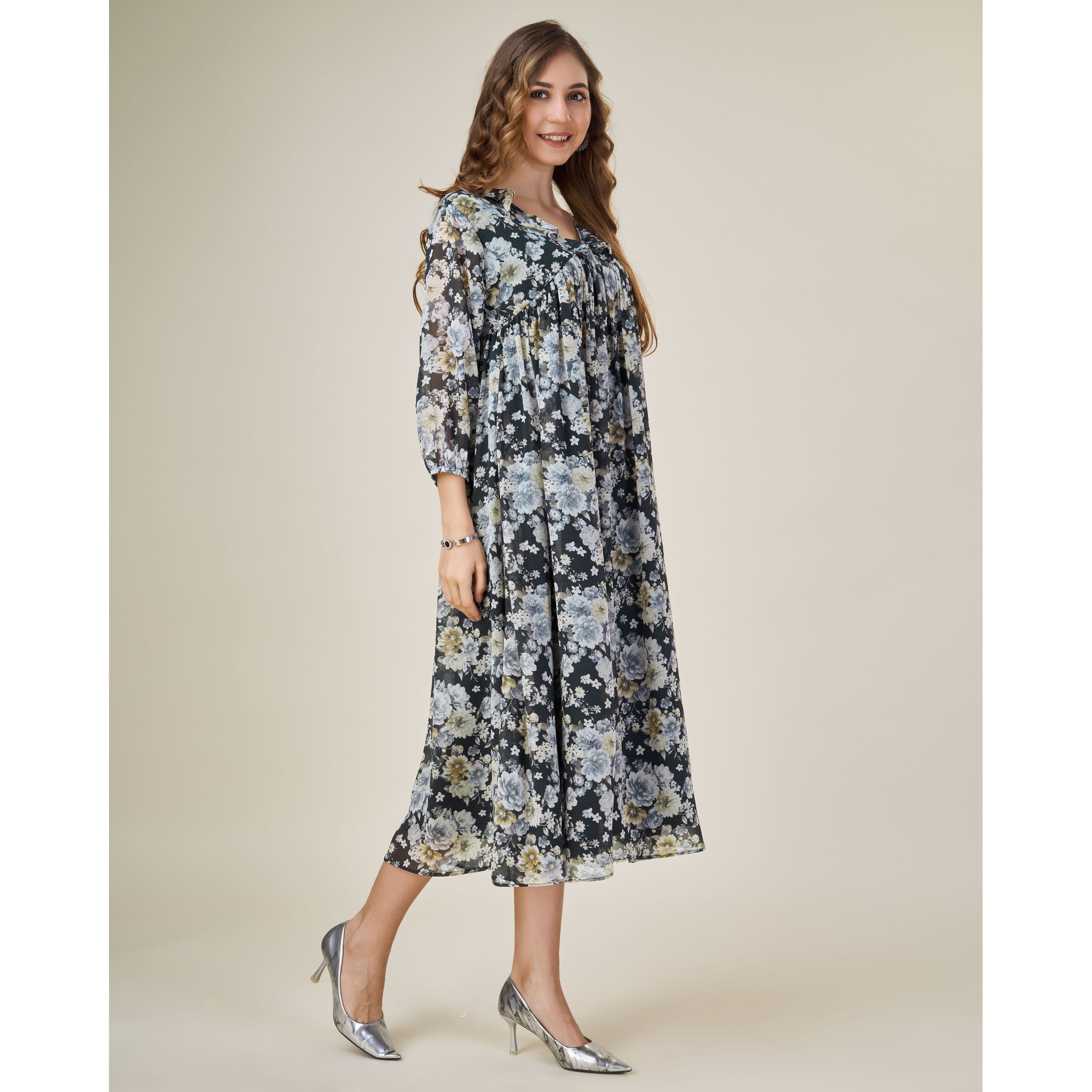 MOJILAA Women's Black Georgette Floral Printed Empire Dress With Ruffles (Size S, Color Black)