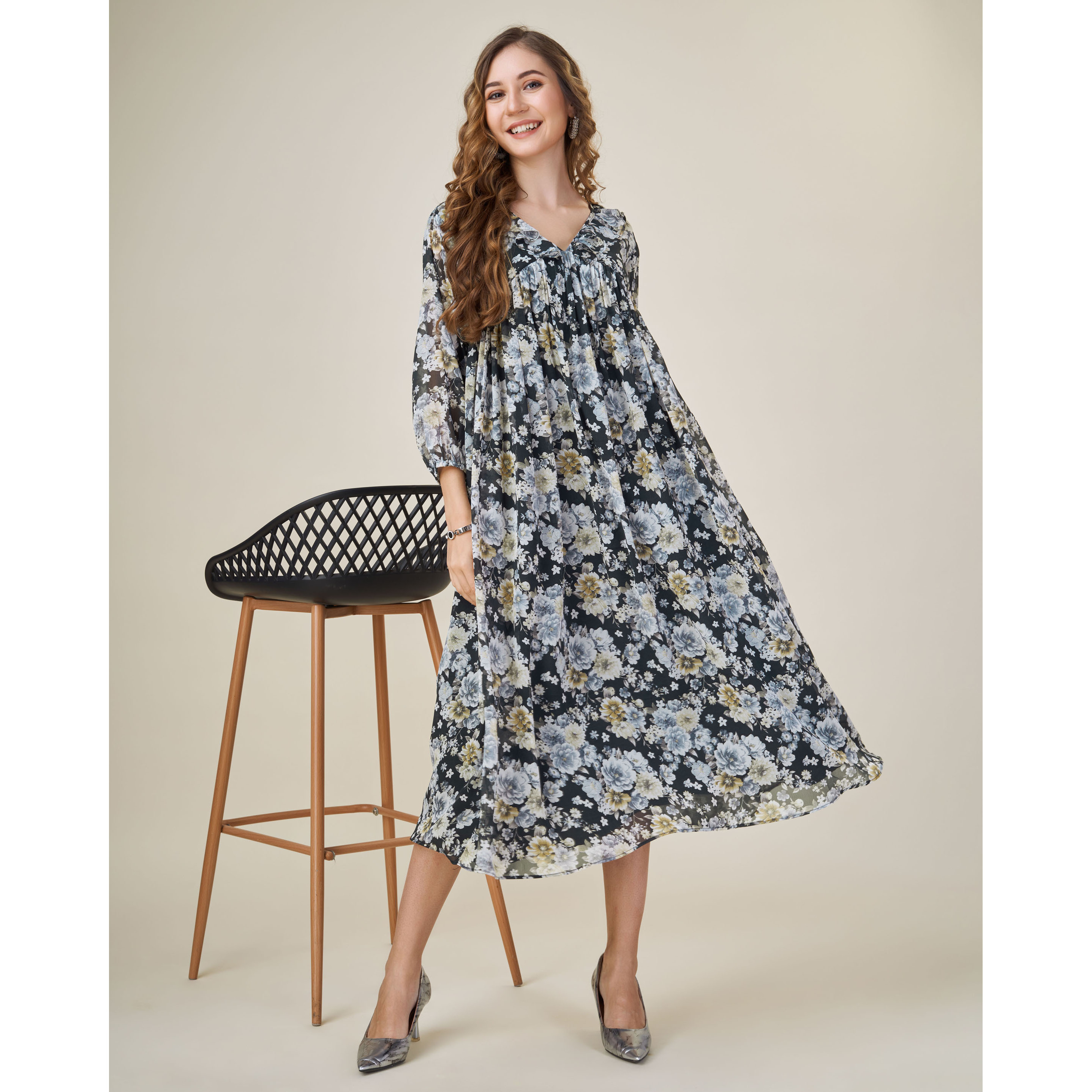 MOJILAA Women's Black Georgette Floral Printed Empire Dress With Ruffles (Size S, Color Black)