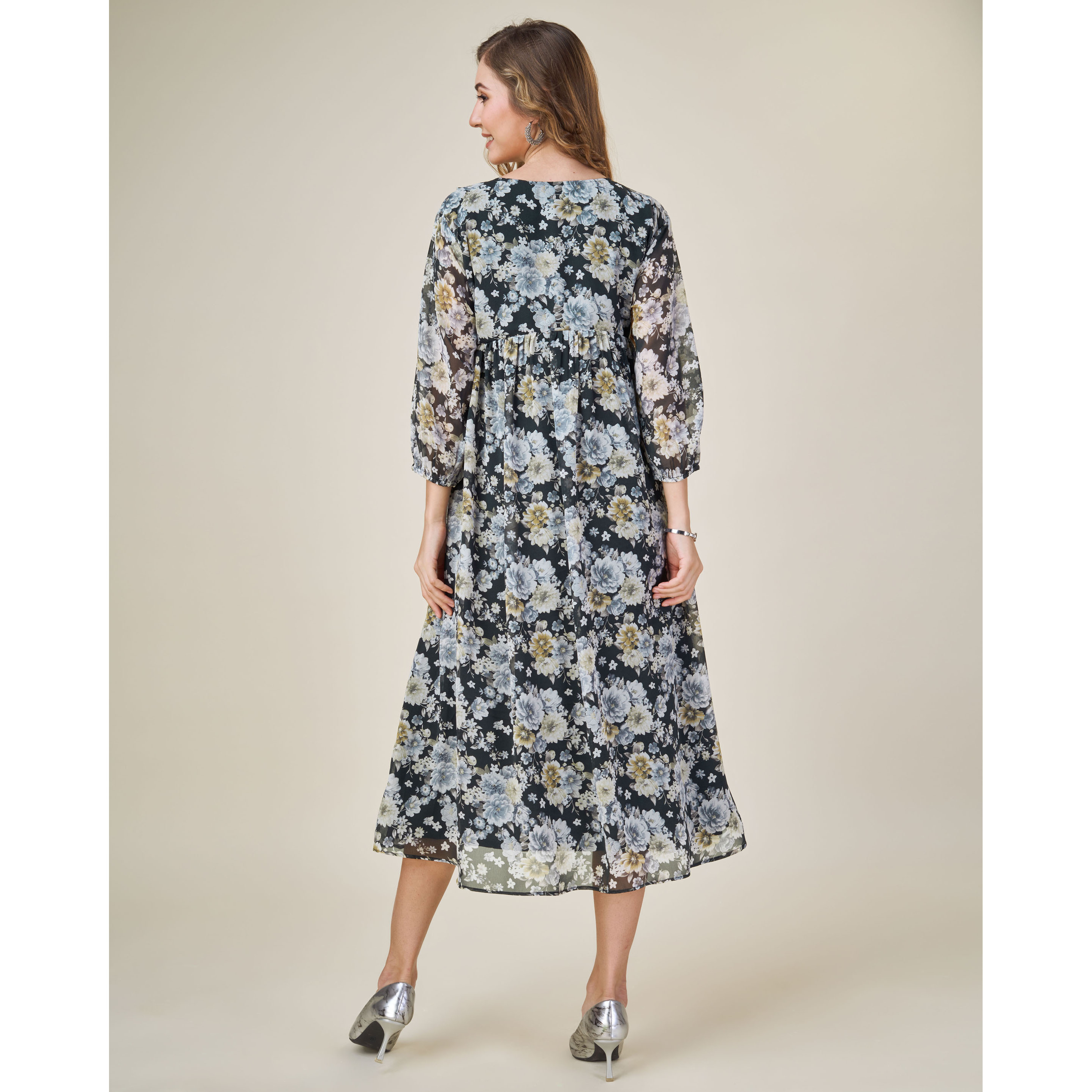 MOJILAA Women's Black Georgette Floral Printed Empire Dress With Ruffles (Size S, Color Black)
