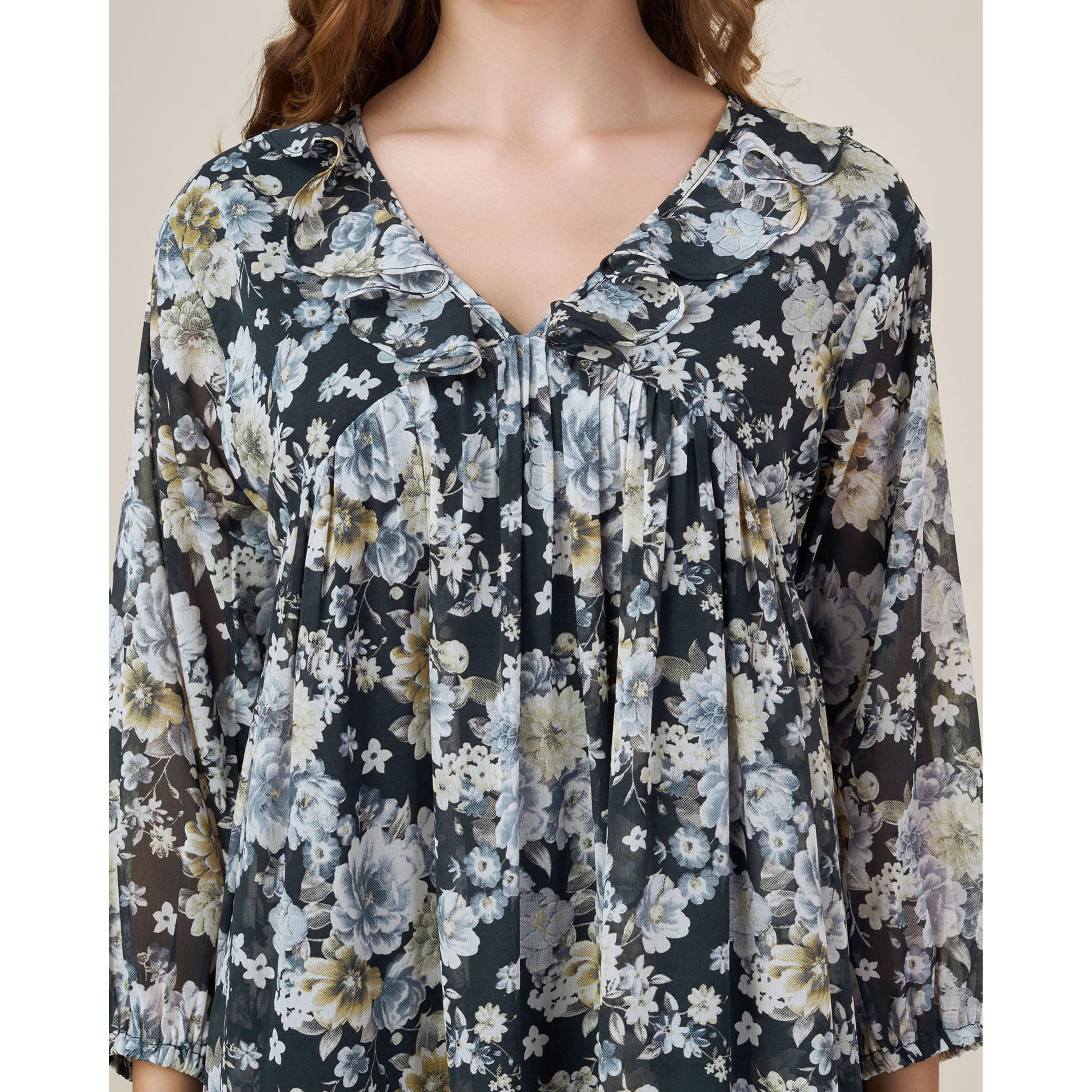 MOJILAA Women's Black Georgette Floral Printed Empire Dress With Ruffles (Size S, Color Black)