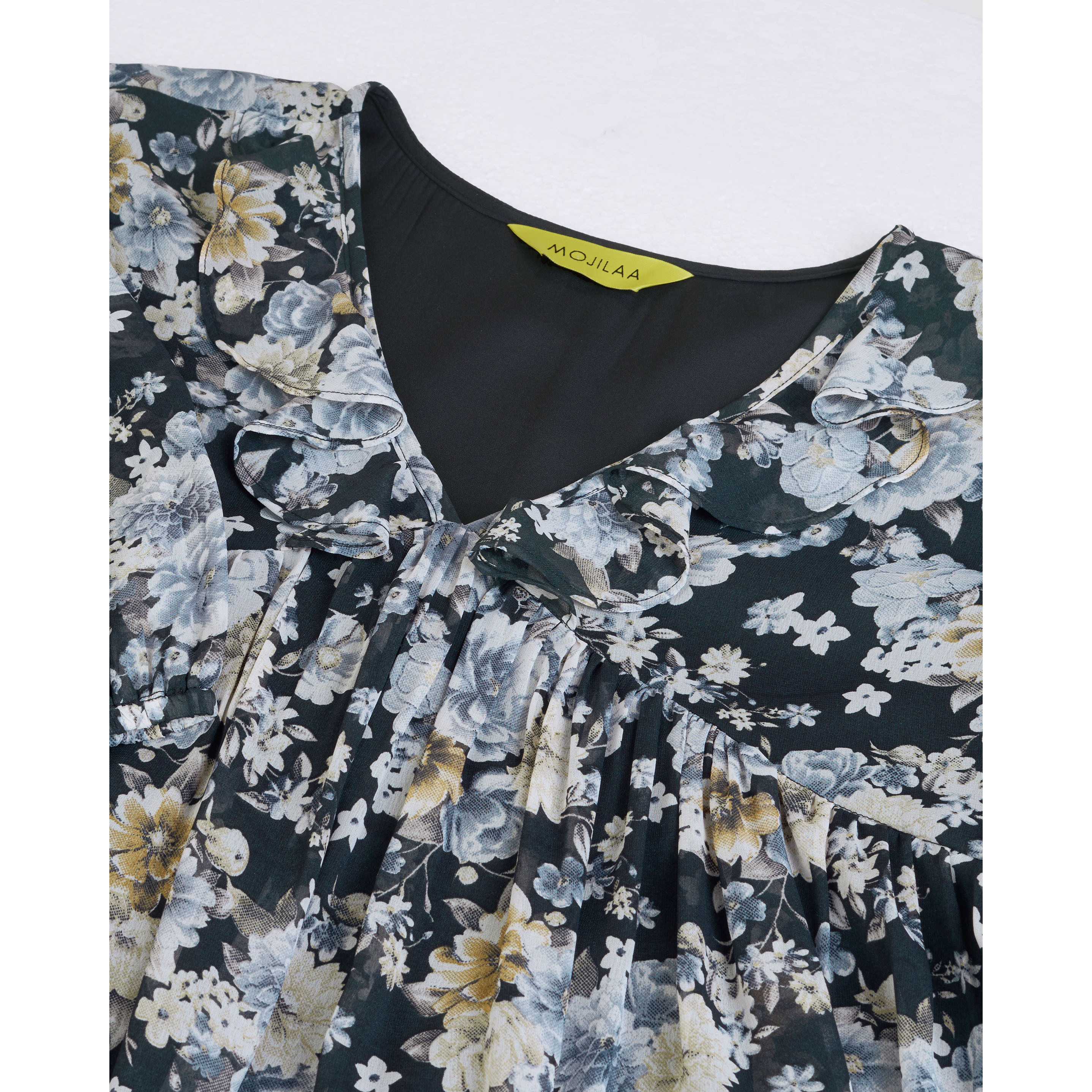 MOJILAA Women's Black Georgette Floral Printed Empire Dress With Ruffles (Size S, Color Black)