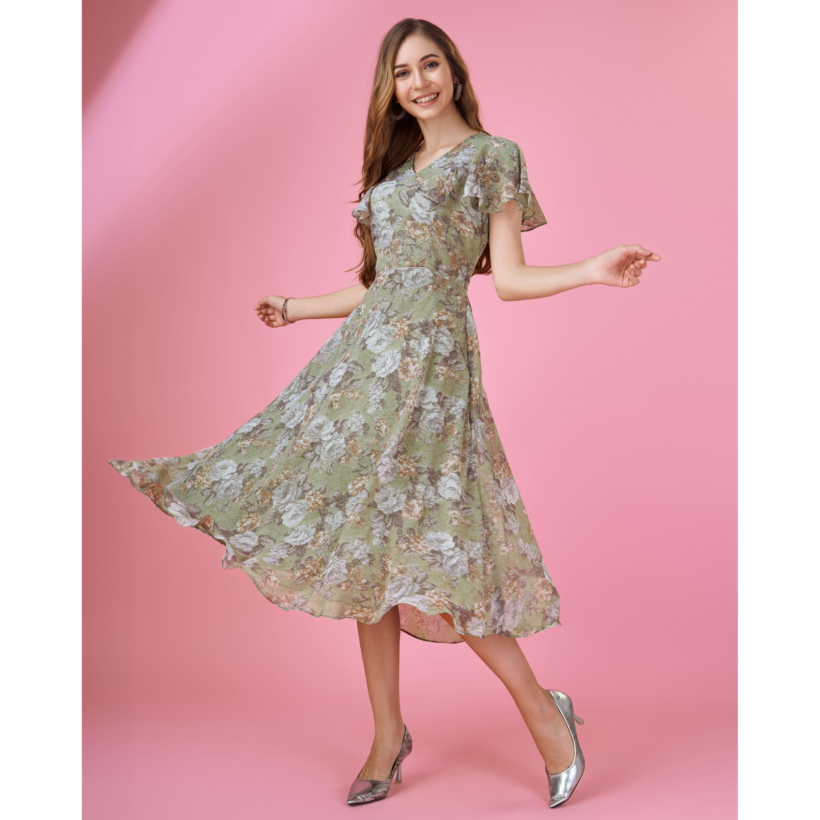 MOJILAA Women's Olive Green Georgette Floral Printed Empire Dress With Ruffles