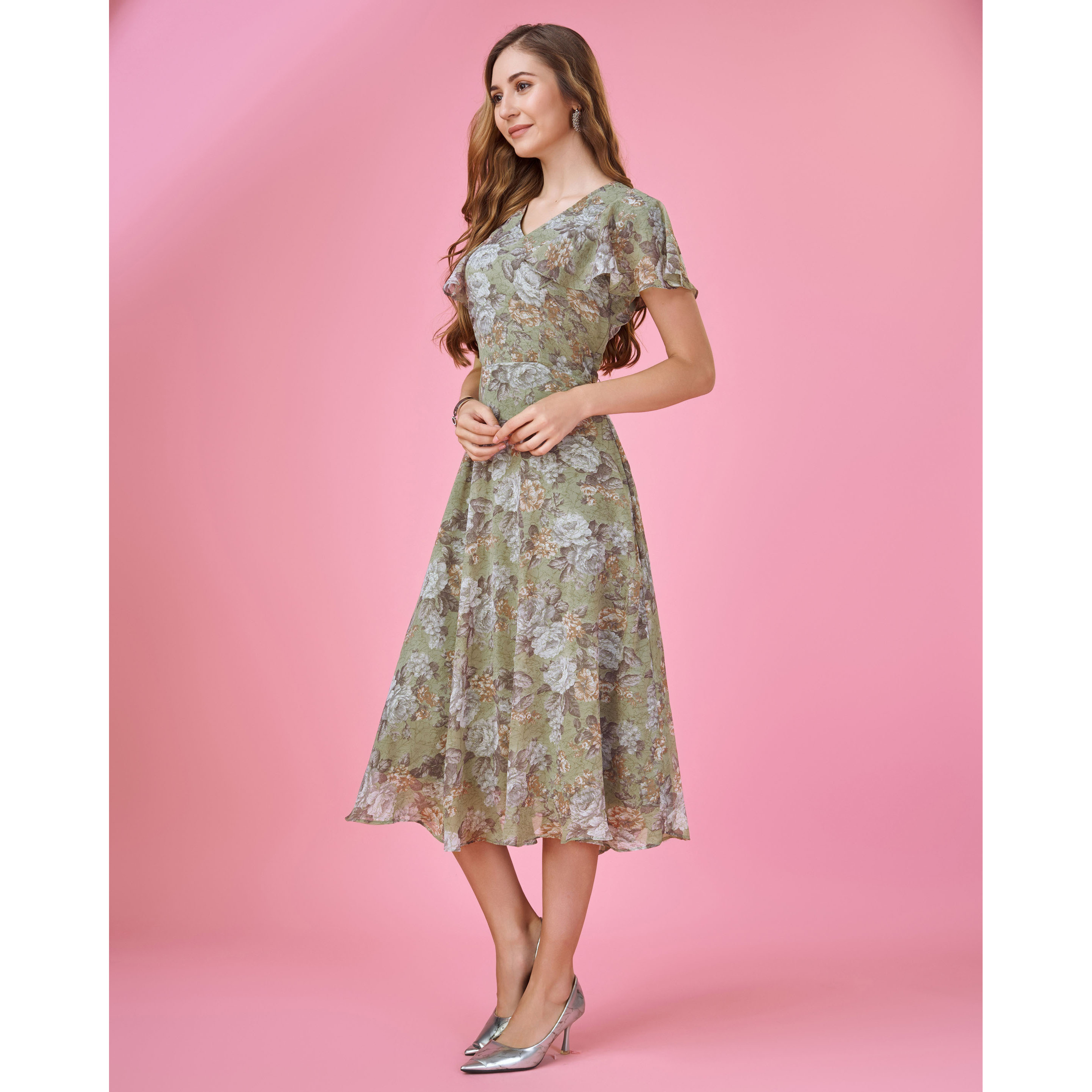 MOJILAA Women's Olive Green Georgette Floral Printed Empire Dress With Ruffles (Size S, Color Olive Green)