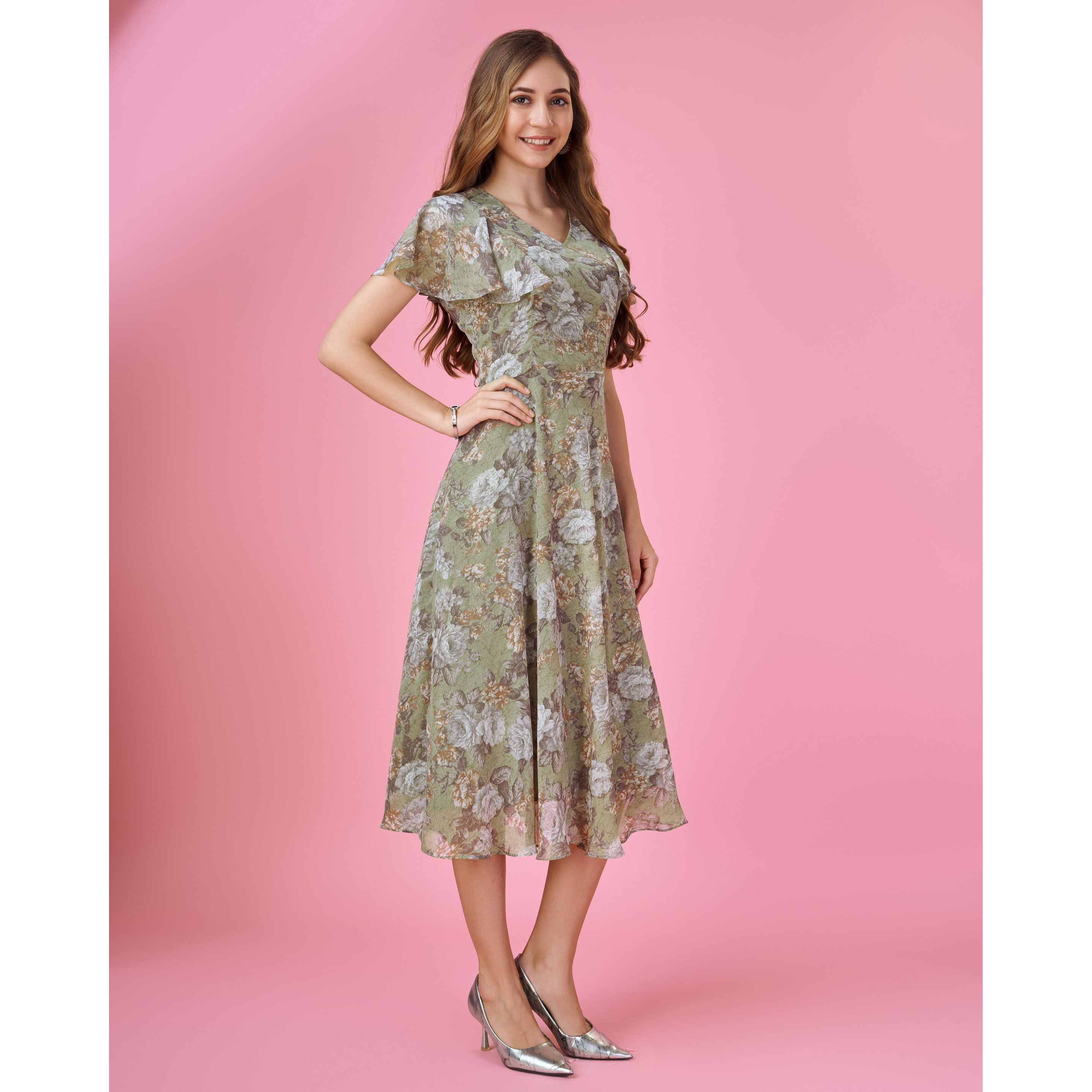 MOJILAA Women's Olive Green Georgette Floral Printed Empire Dress With Ruffles (Size S, Color Olive Green)