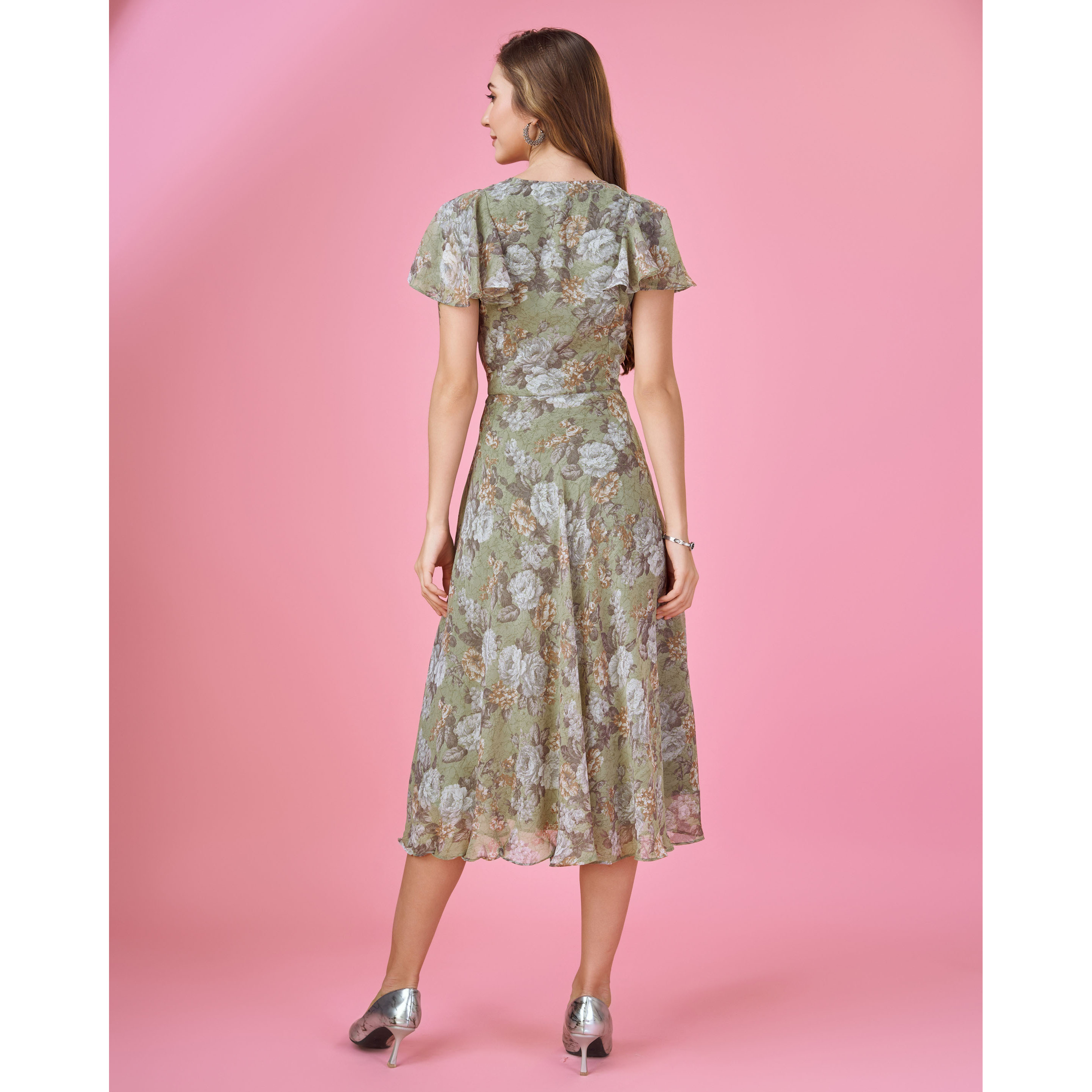 MOJILAA Women's Olive Green Georgette Floral Printed Empire Dress With Ruffles (Size S, Color Olive Green)