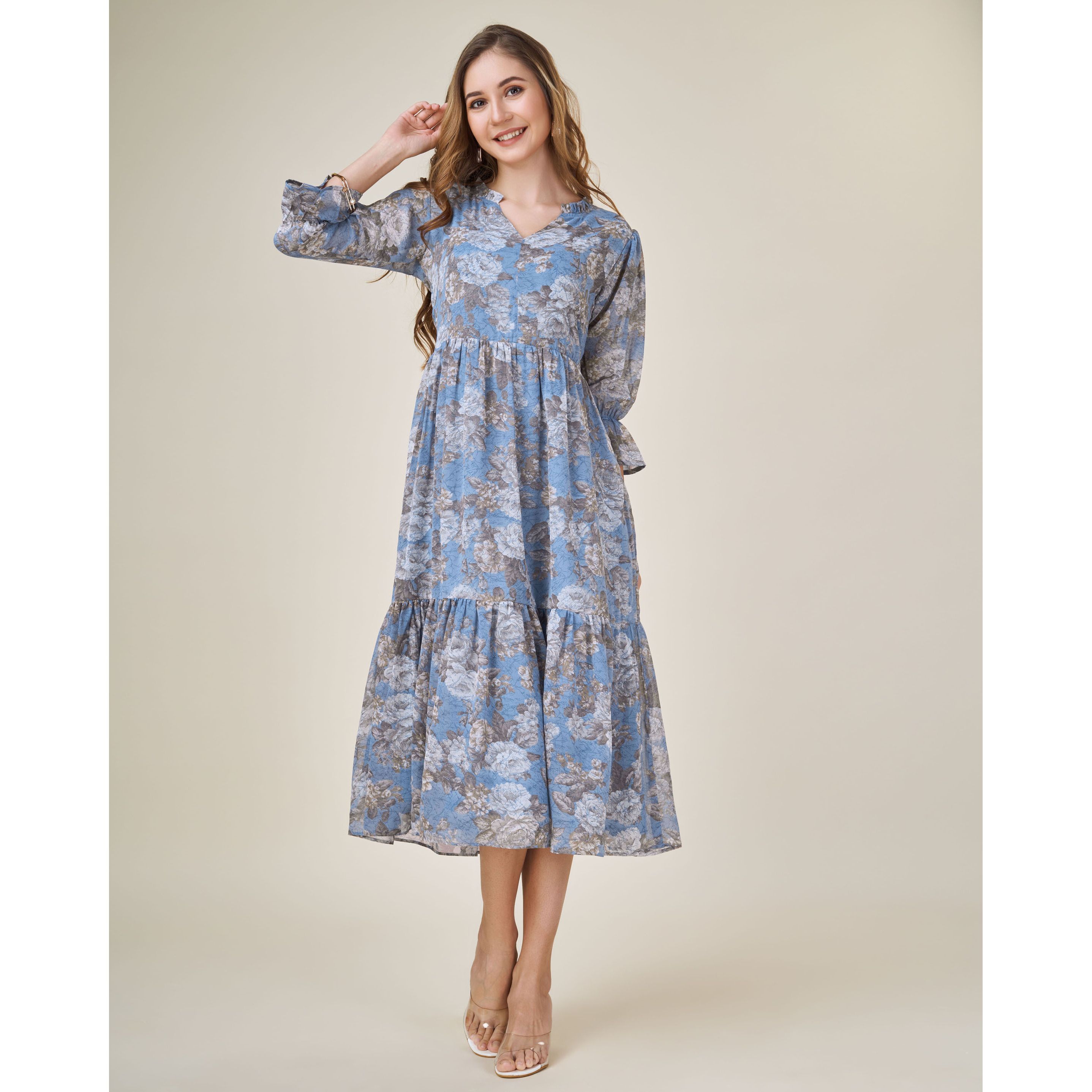 MOJILAA Women's Blue Georgette Floral Printed Tiered Dress With Ruffles