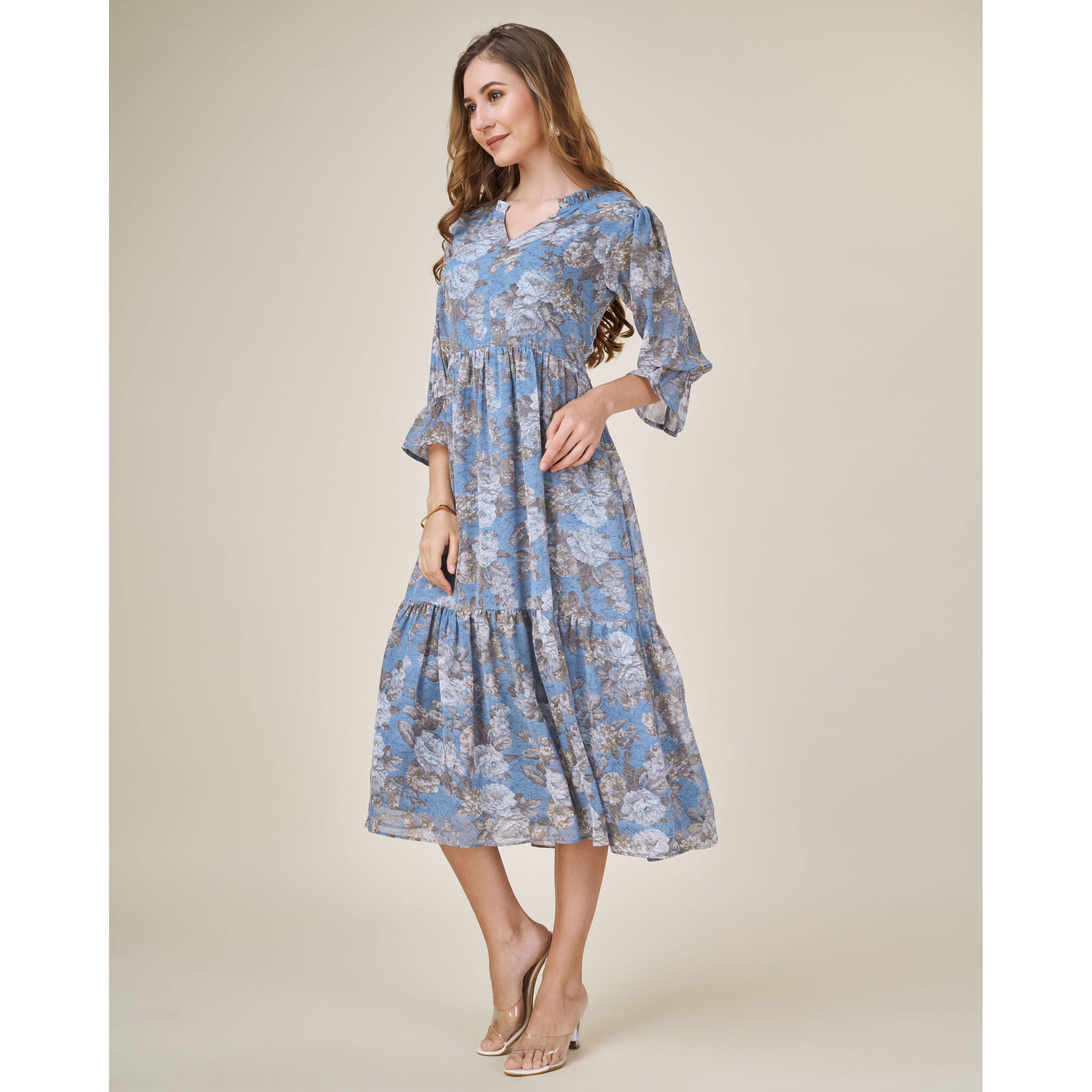 MOJILAA Women's Blue Georgette Floral Printed Tiered Dress With Ruffles (Size S, Color Blue)