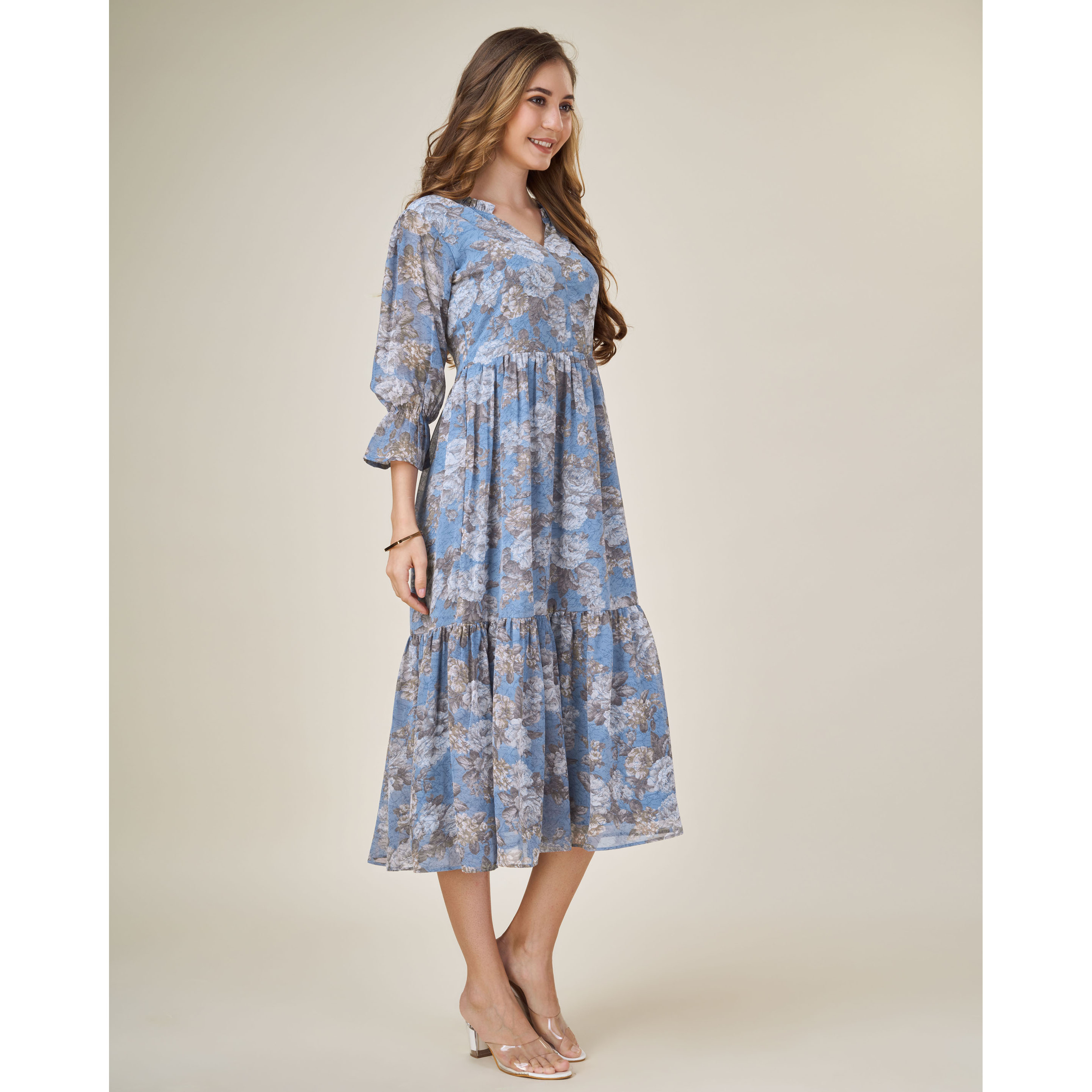 MOJILAA Women's Blue Georgette Floral Printed Tiered Dress With Ruffles (Size S, Color Blue)