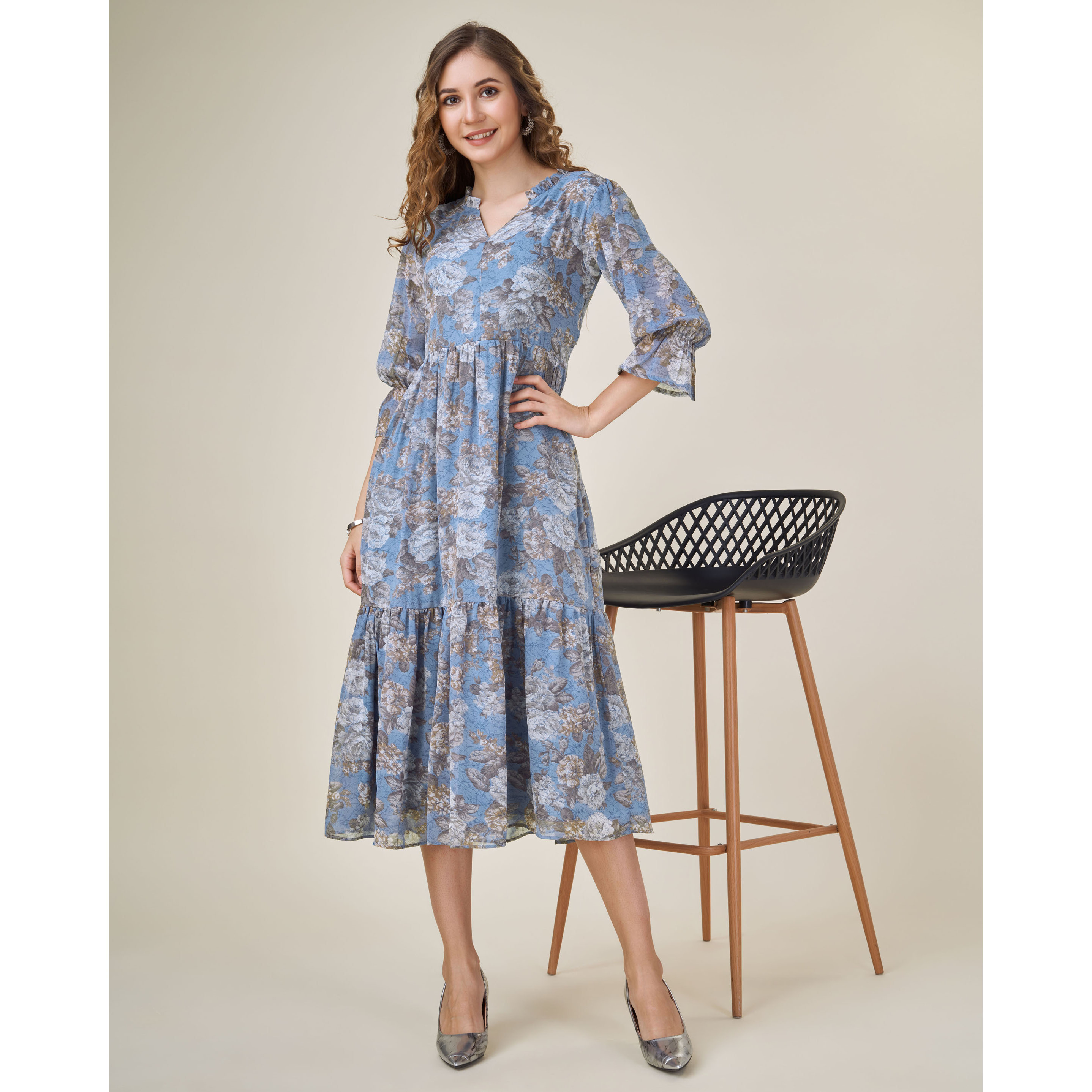 MOJILAA Women's Blue Georgette Floral Printed Tiered Dress With Ruffles (Size S, Color Blue)