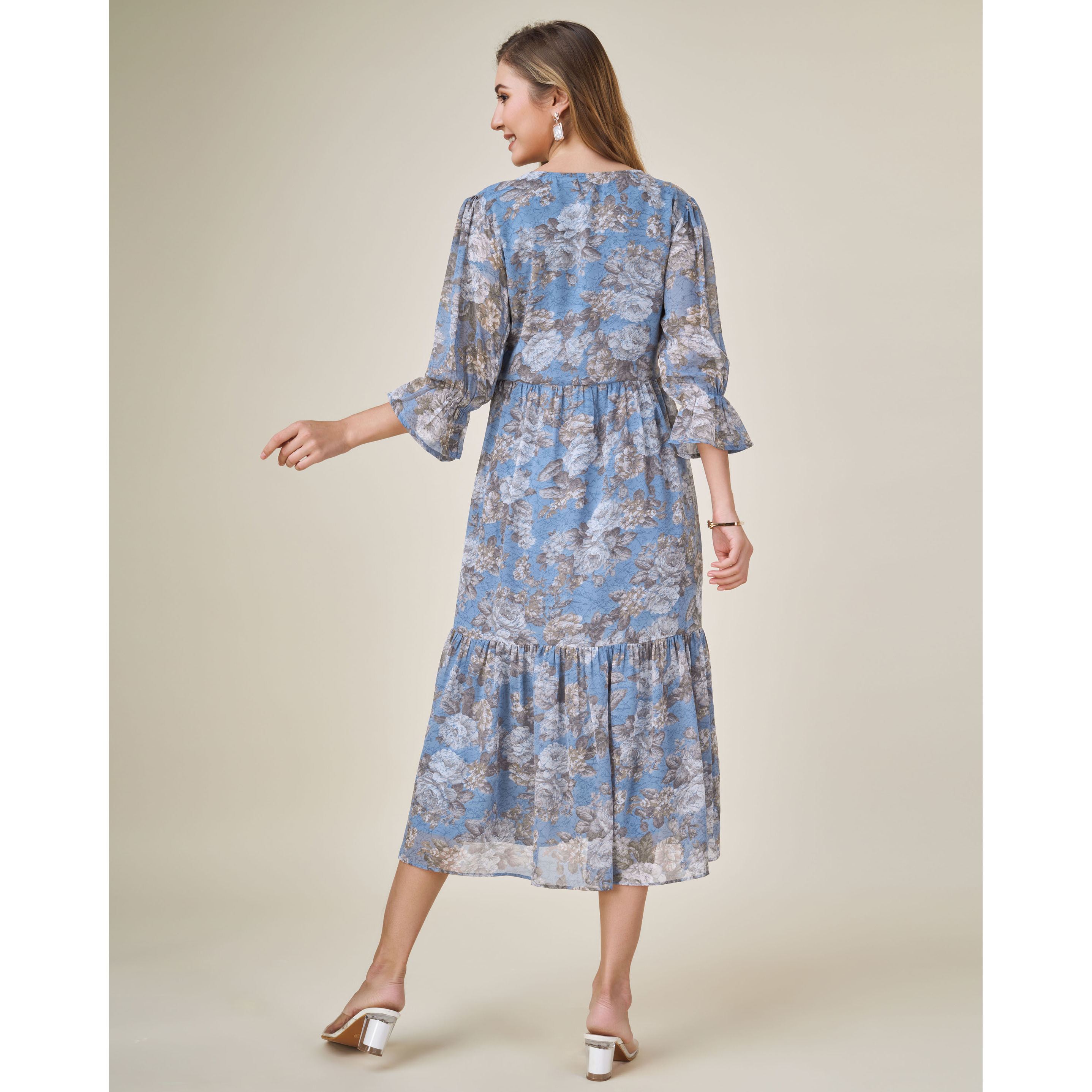 MOJILAA Women's Blue Georgette Floral Printed Tiered Dress With Ruffles (Size S, Color Blue)