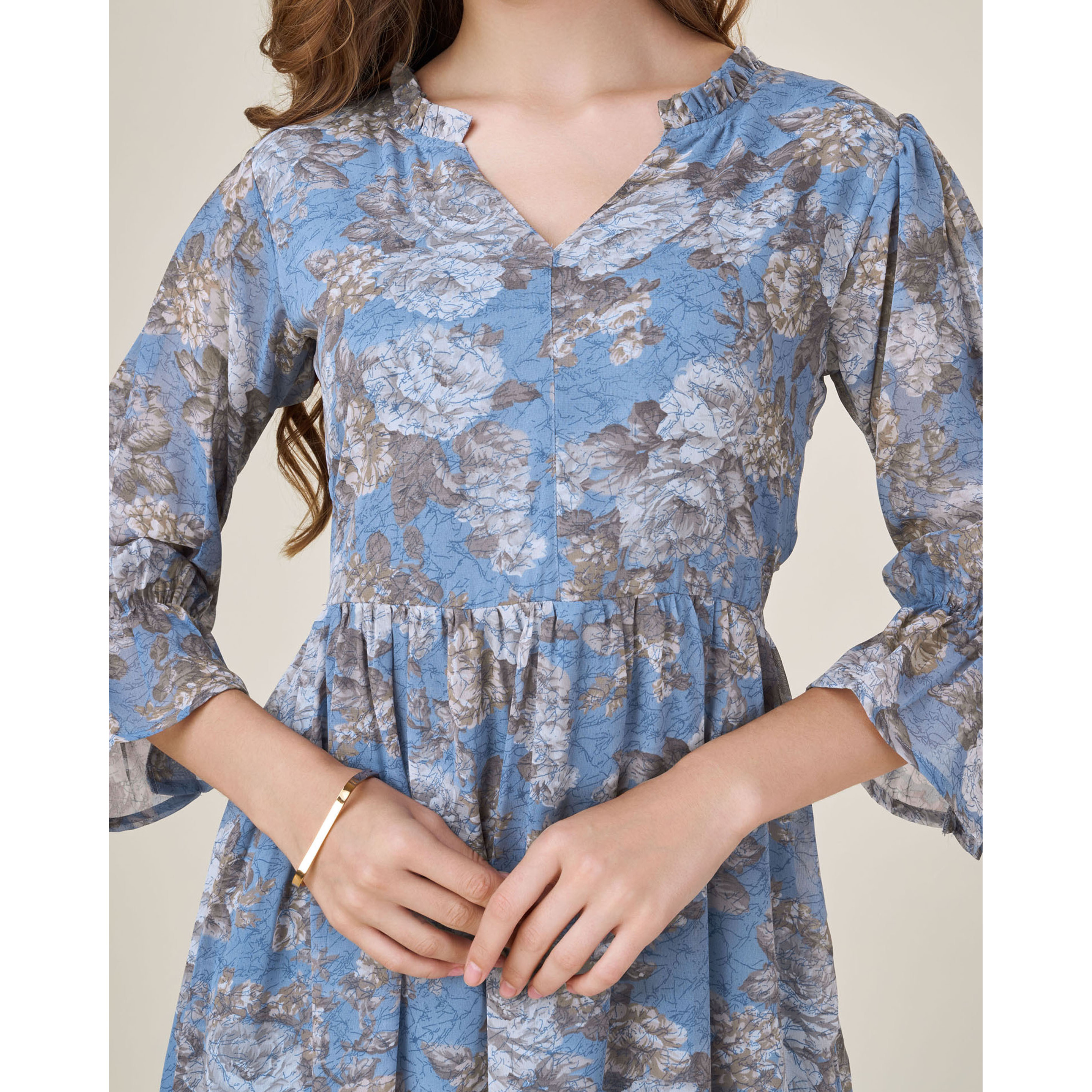 MOJILAA Women's Blue Georgette Floral Printed Tiered Dress With Ruffles (Size S, Color Blue)