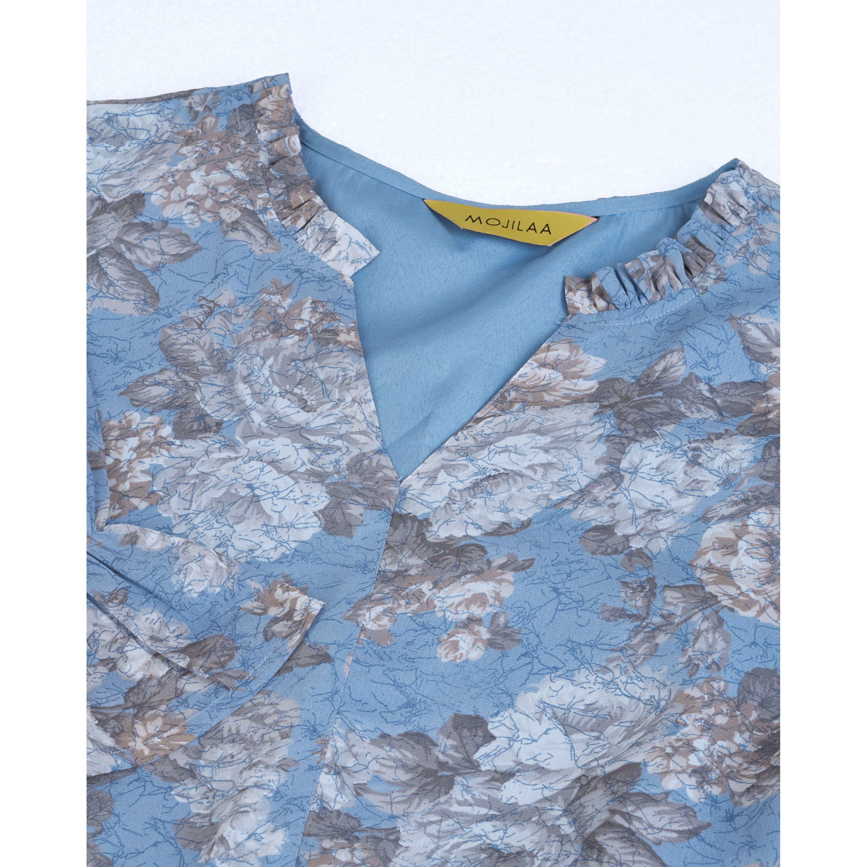 MOJILAA Women's Blue Georgette Floral Printed Tiered Dress With Ruffles (Size S, Color Blue)