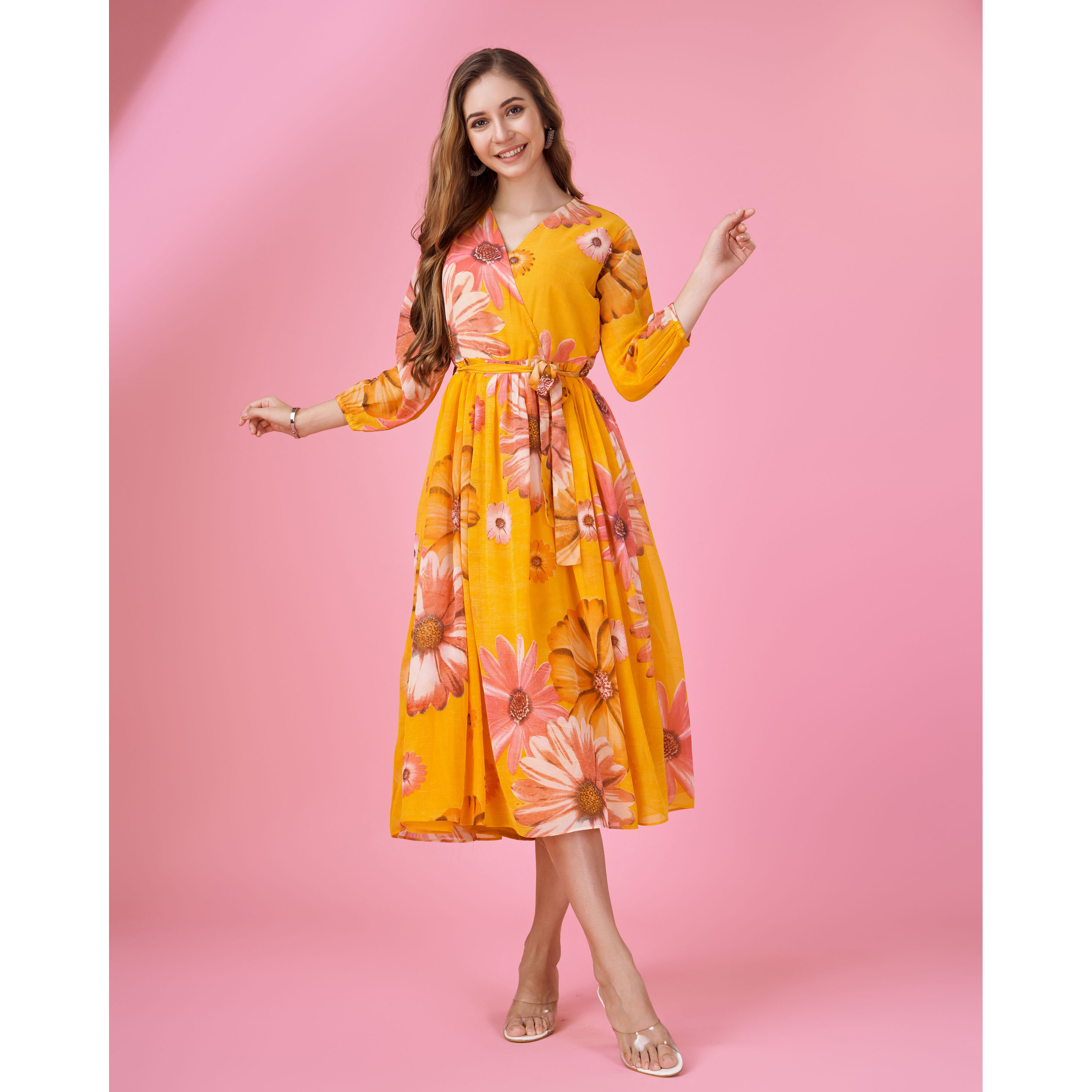 MOJILAA Women's Mustard Georgette Floral Printed Wrap Dress With Belt