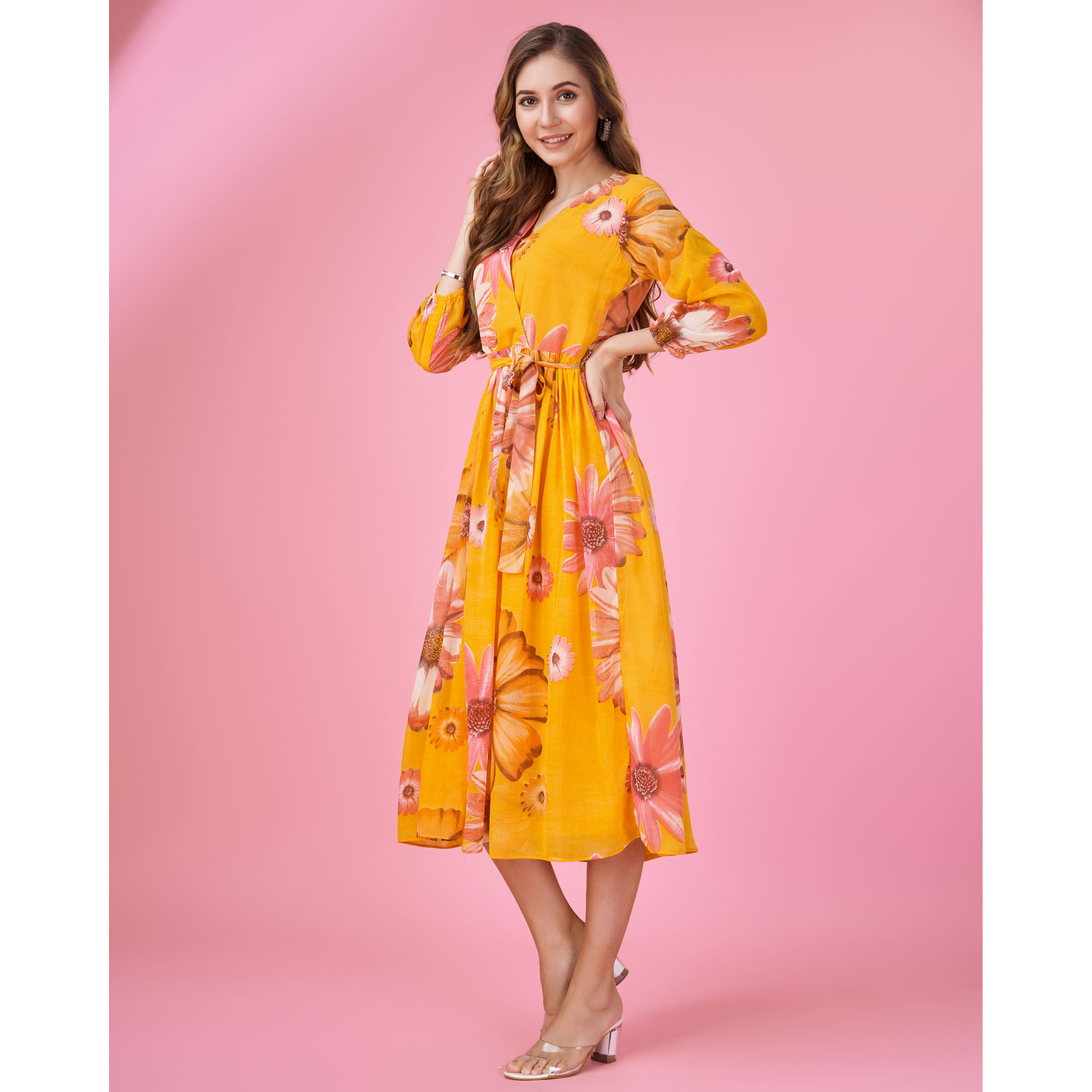 MOJILAA Women's Mustard Georgette Floral Printed Wrap Dress With Belt (Size S, Color Mustard)