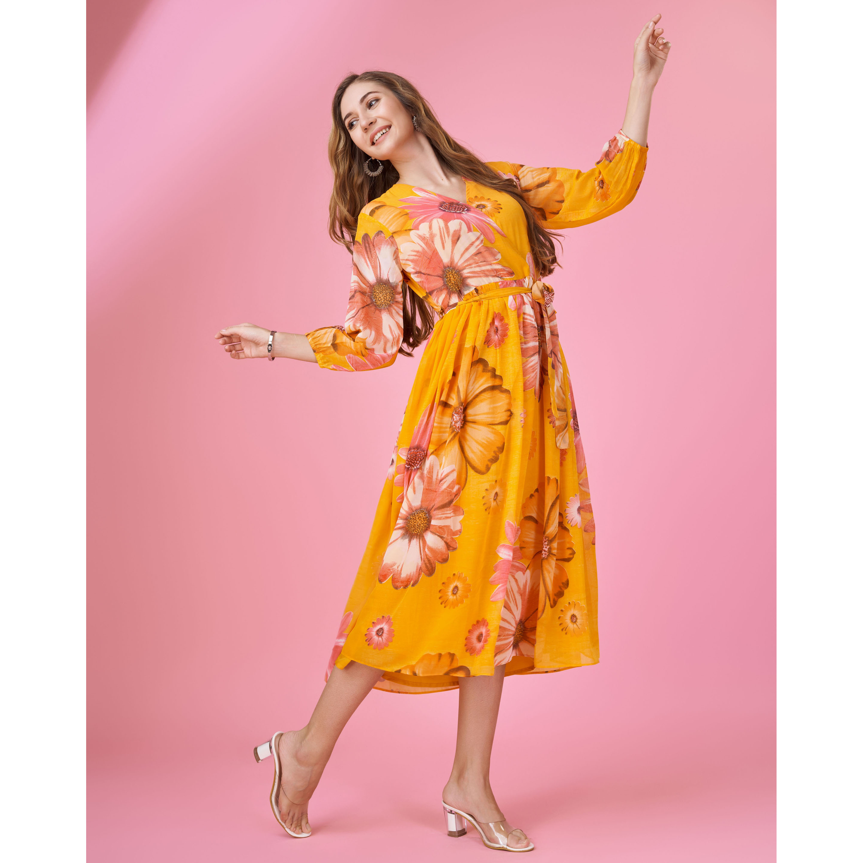 MOJILAA Women's Mustard Georgette Floral Printed Wrap Dress With Belt (Size S, Color Mustard)