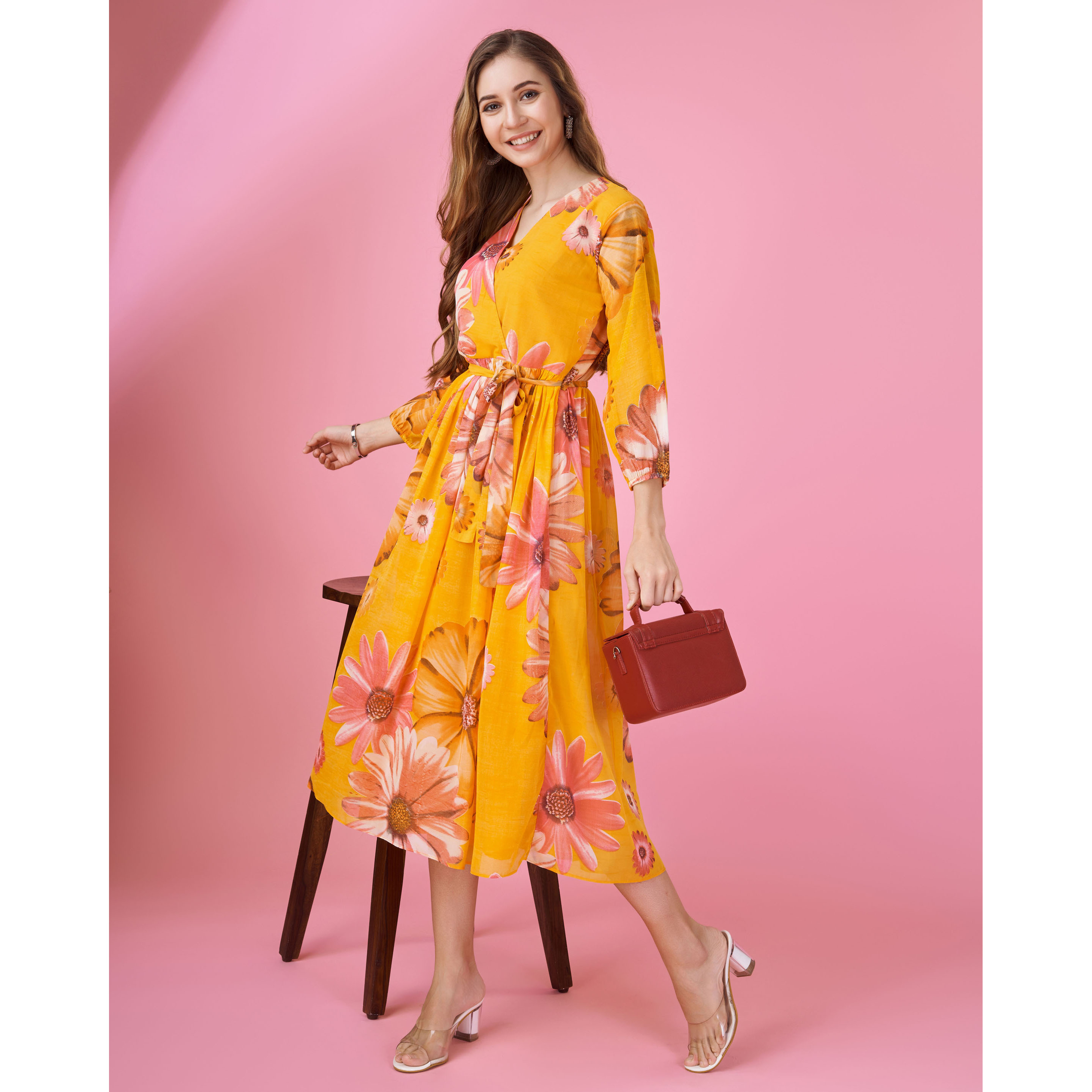 MOJILAA Women's Mustard Georgette Floral Printed Wrap Dress With Belt (Size S, Color Mustard)