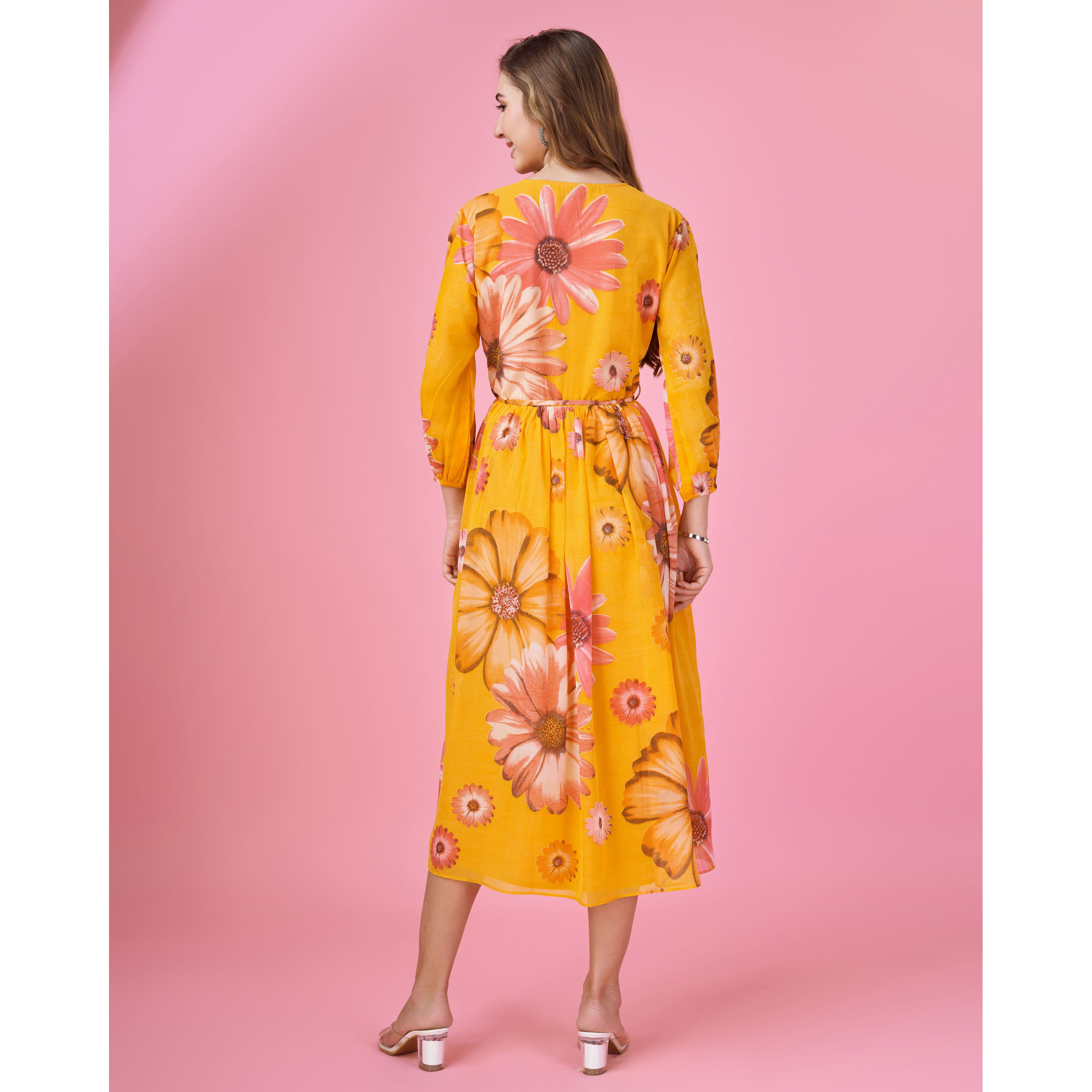 MOJILAA Women's Mustard Georgette Floral Printed Wrap Dress With Belt (Size S, Color Mustard)