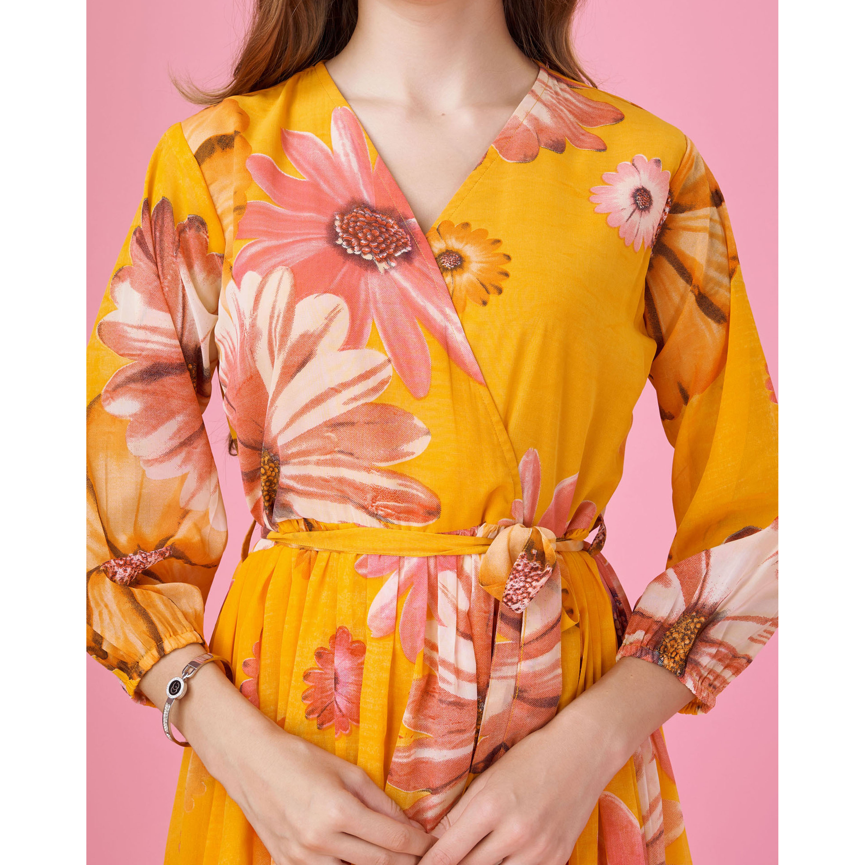 MOJILAA Women's Mustard Georgette Floral Printed Wrap Dress With Belt (Size S, Color Mustard)