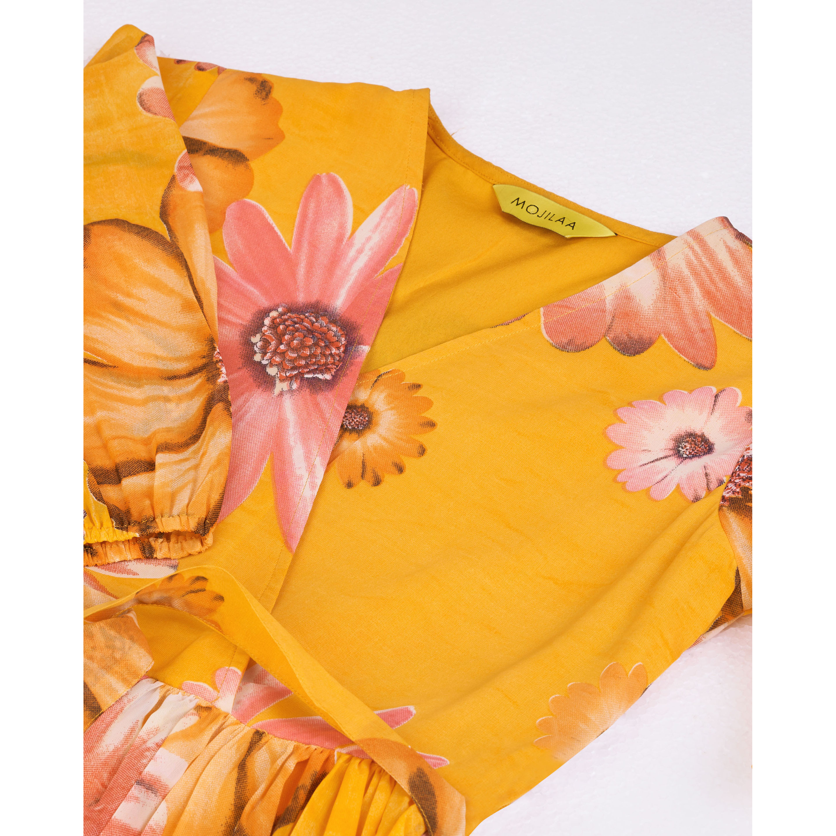 MOJILAA Women's Mustard Georgette Floral Printed Wrap Dress With Belt (Size S, Color Mustard)