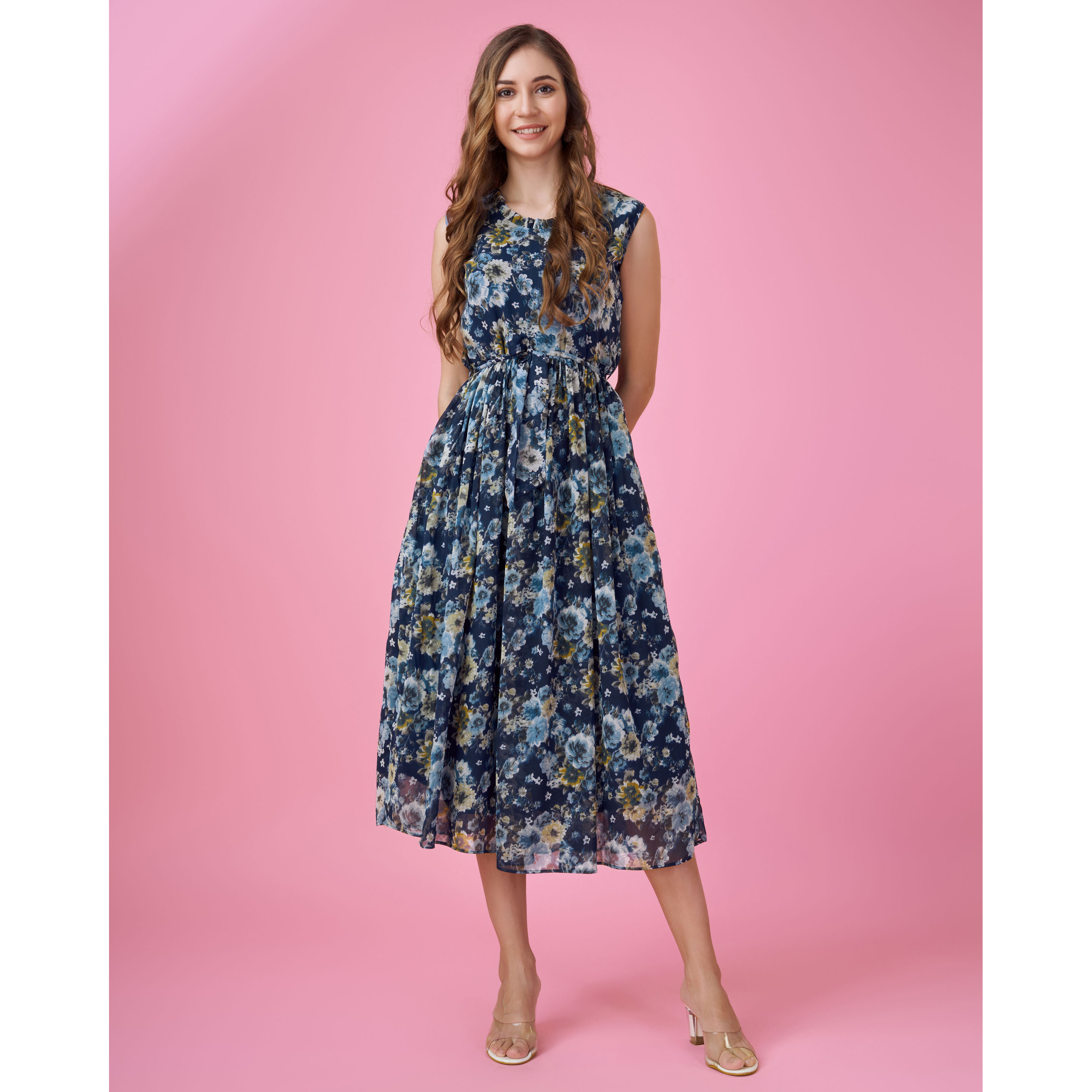 MOJILAA Women's Navy Blue Georgette Floral Printed Flared Dress With Belt