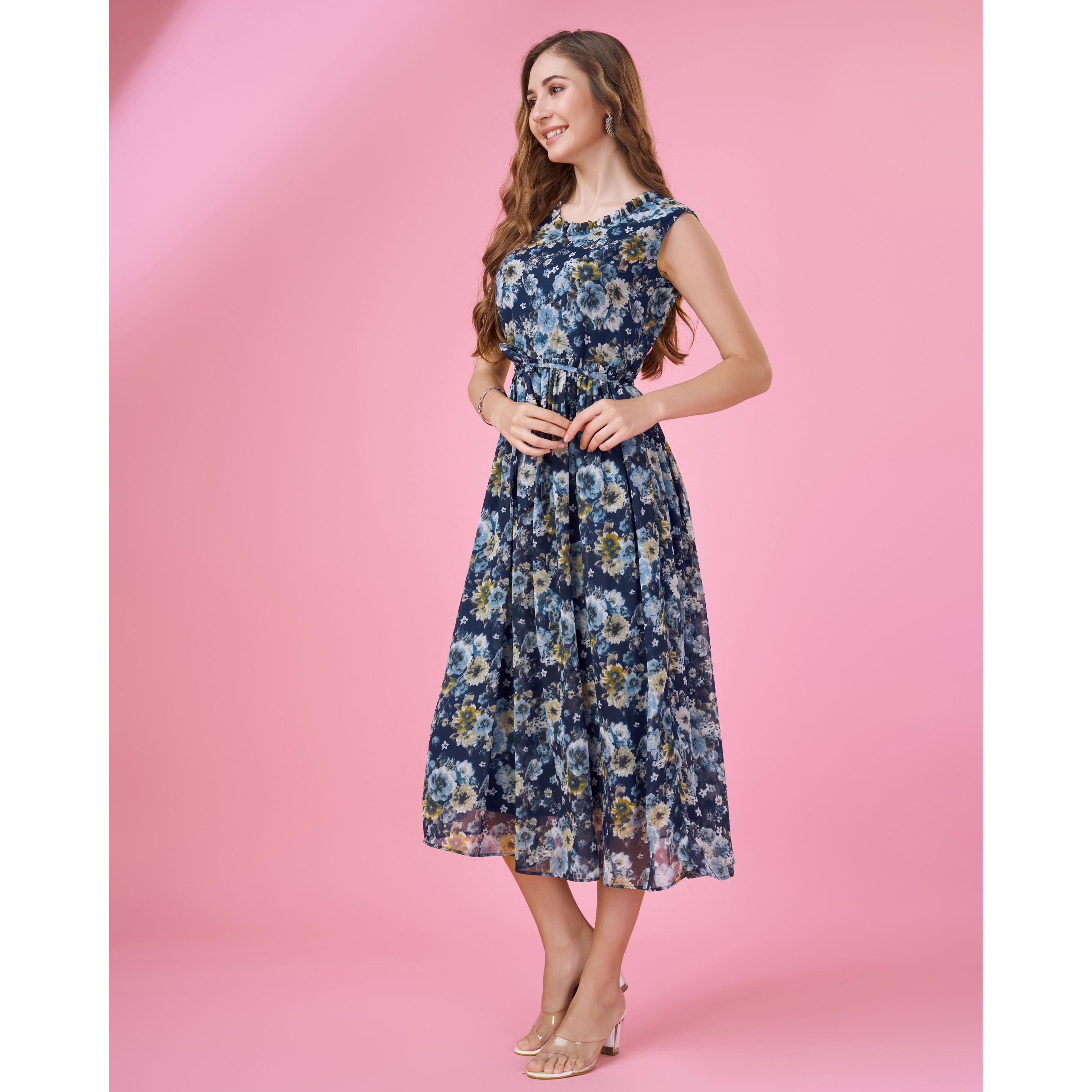 MOJILAA Women's Navy Blue Georgette Floral Printed Flared Dress With Belt (Size S, Color Navy Blue)