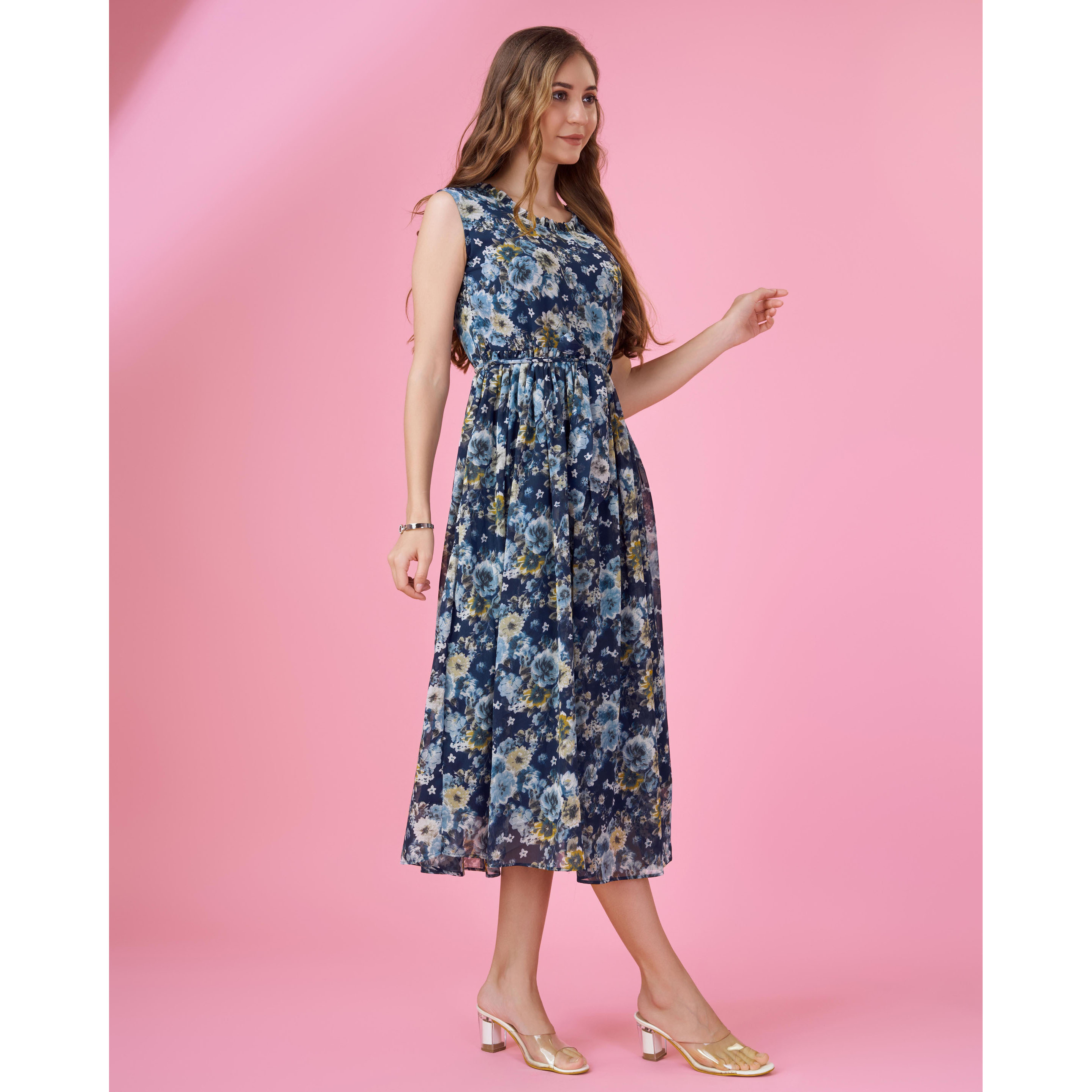 MOJILAA Women's Navy Blue Georgette Floral Printed Flared Dress With Belt (Size S, Color Navy Blue)