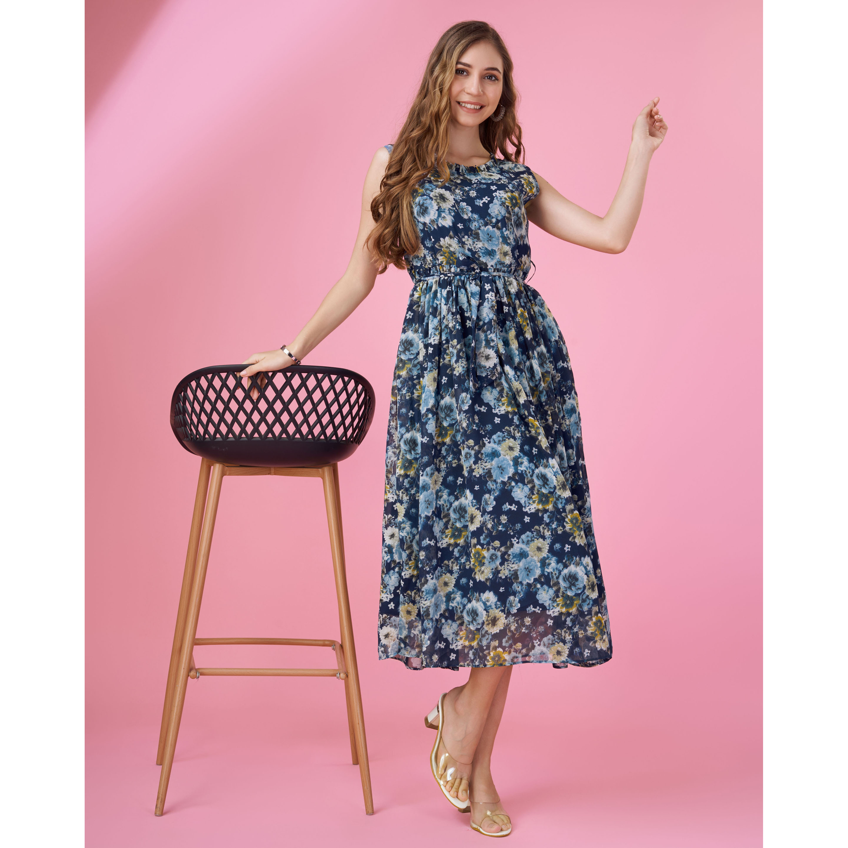 MOJILAA Women's Navy Blue Georgette Floral Printed Flared Dress With Belt (Size S, Color Navy Blue)