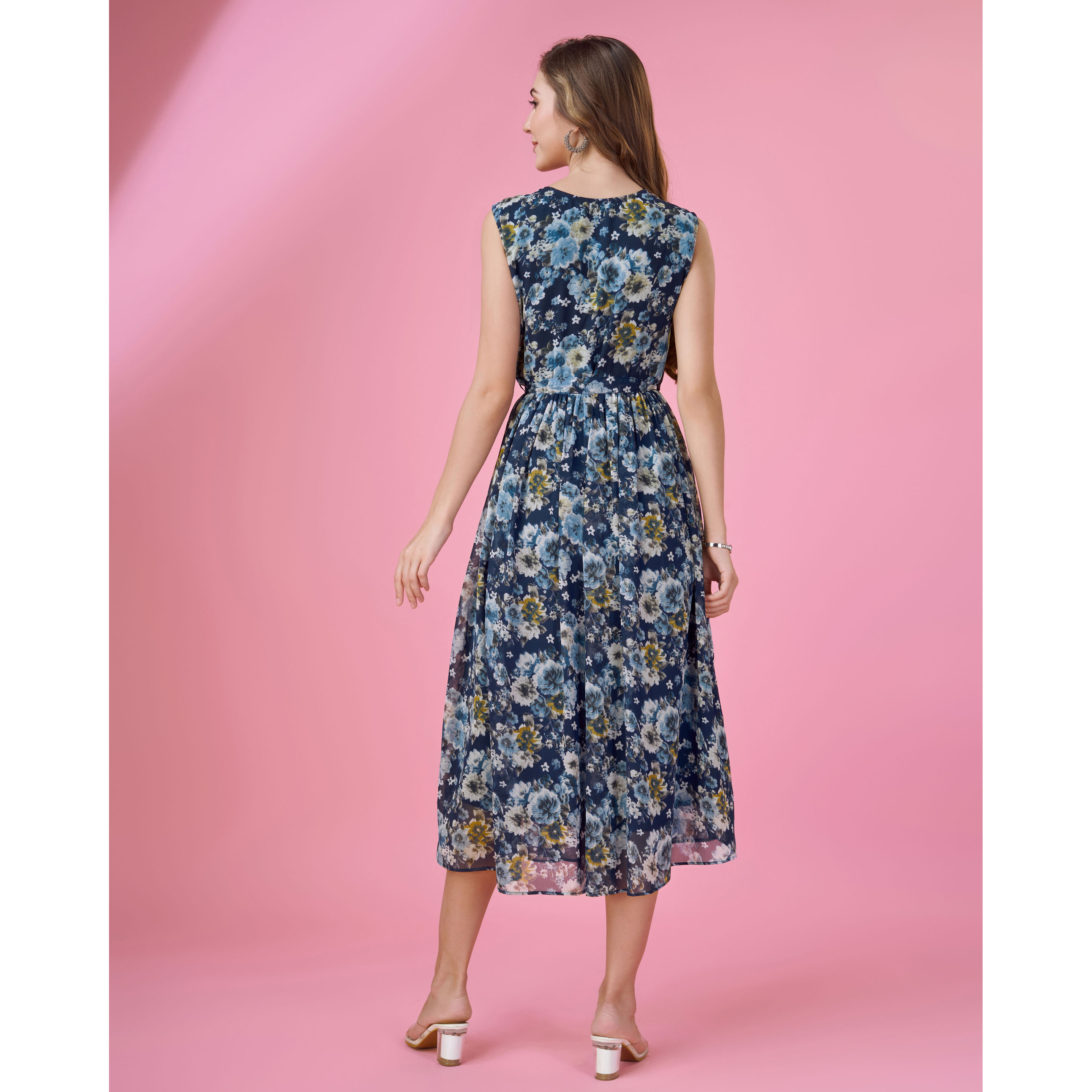 MOJILAA Women's Navy Blue Georgette Floral Printed Flared Dress With Belt (Size S, Color Navy Blue)