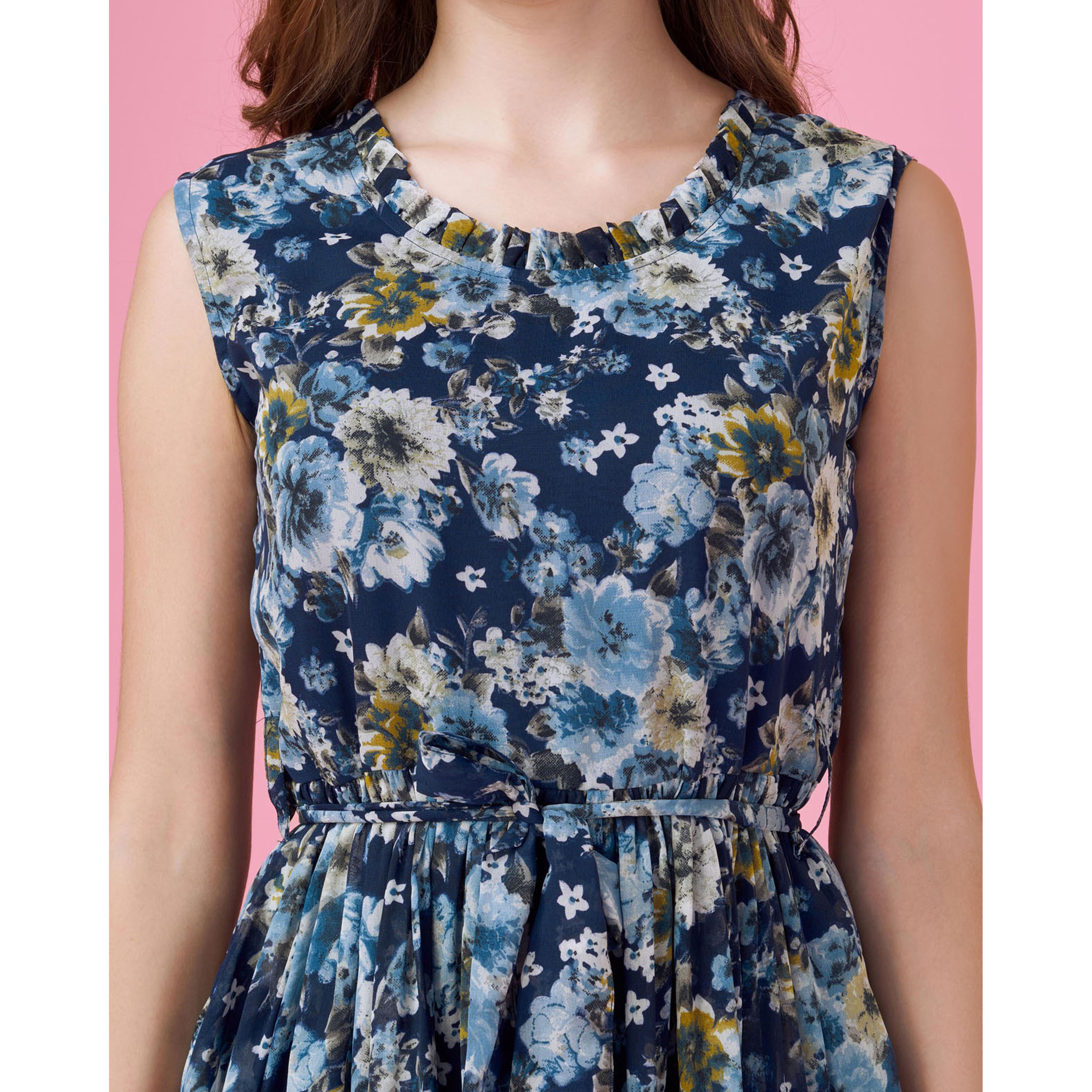 MOJILAA Women's Navy Blue Georgette Floral Printed Flared Dress With Belt (Size S, Color Navy Blue)