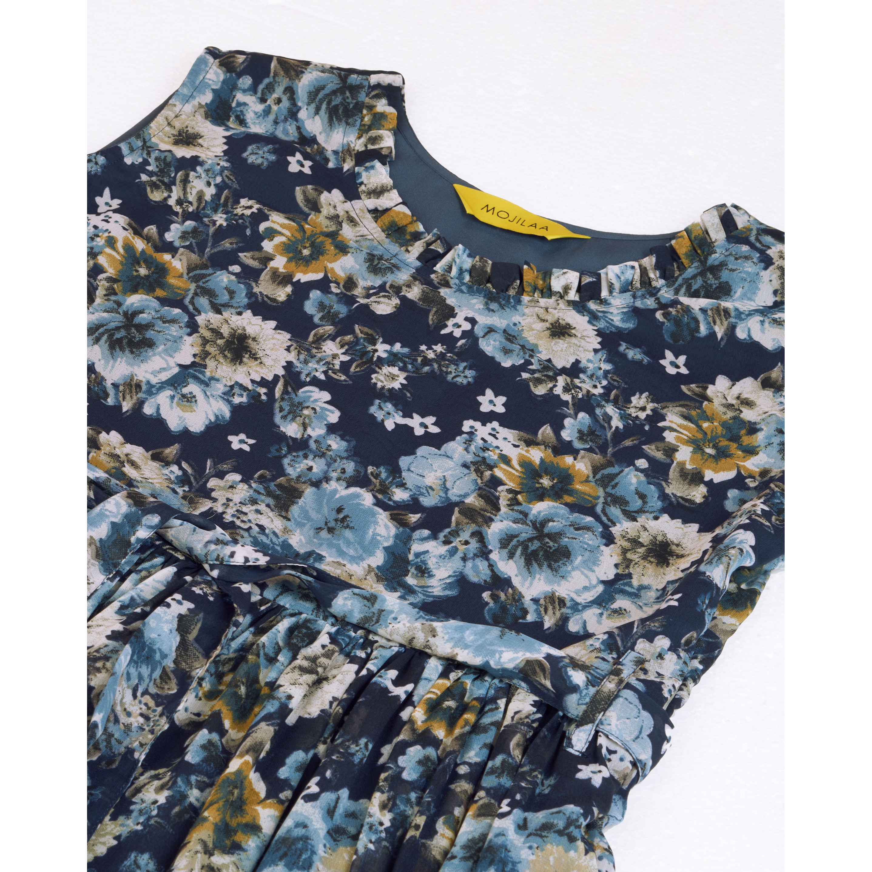 MOJILAA Women's Navy Blue Georgette Floral Printed Flared Dress With Belt (Size S, Color Navy Blue)