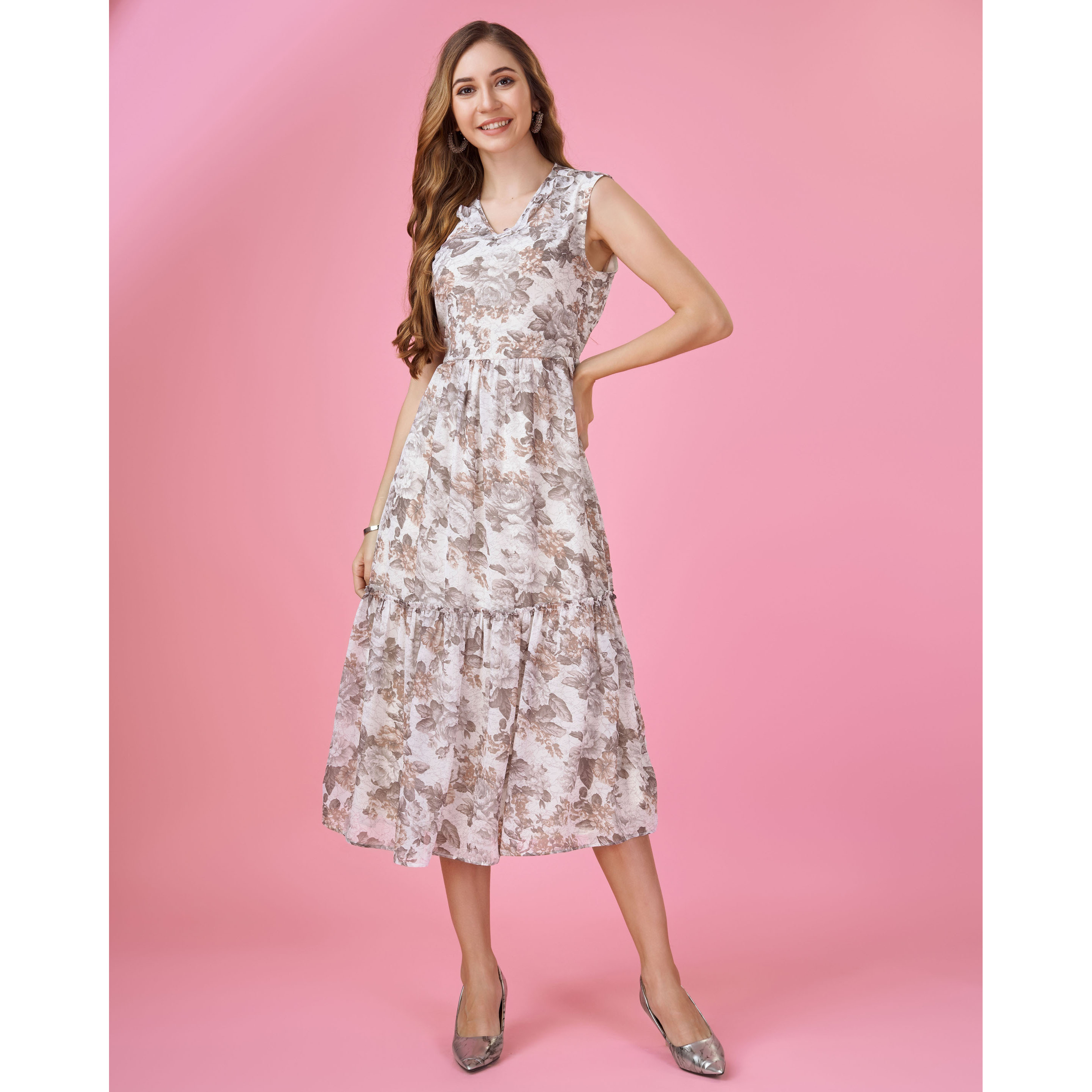 MOJILAA Women's Cream Georgette Botanical Printed Tiered Dress