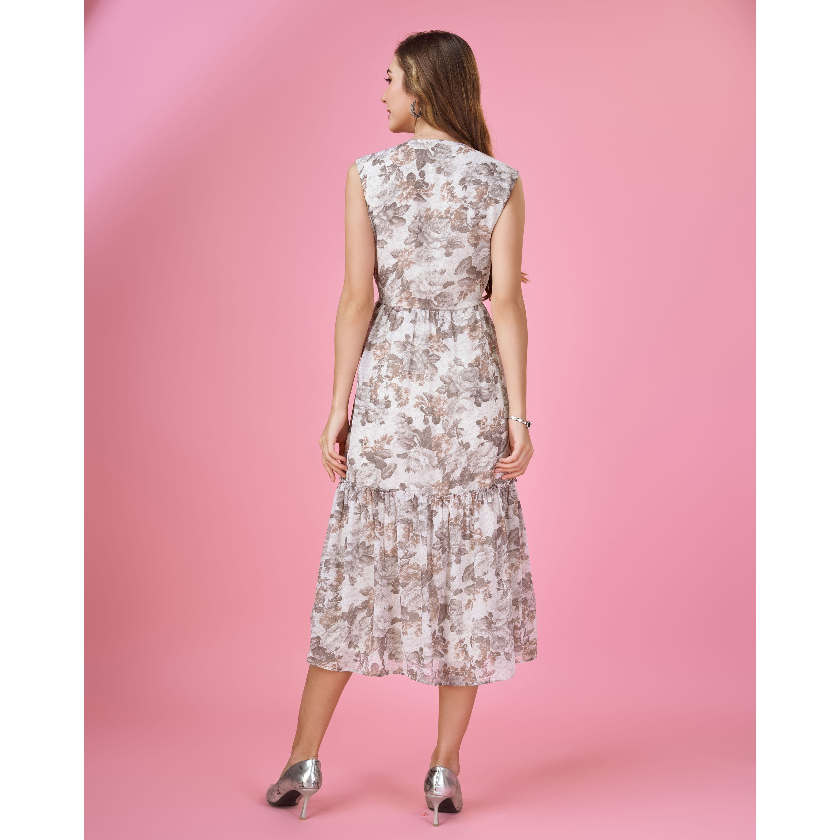 MOJILAA Women's Cream Georgette Botanical Printed Tiered Dress (Size S, Color Cream)
