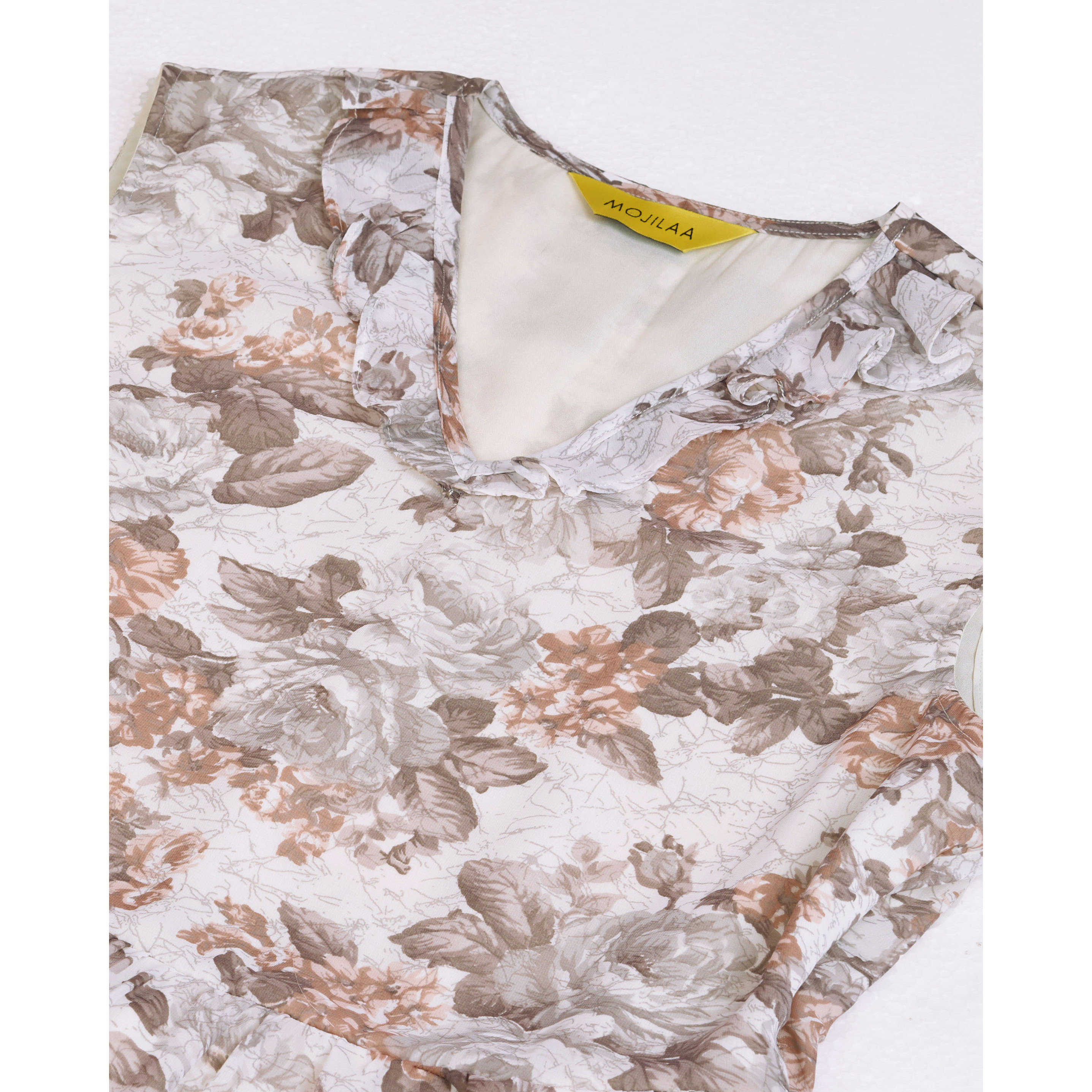 MOJILAA Women's Cream Georgette Botanical Printed Tiered Dress (Size S, Color Cream)