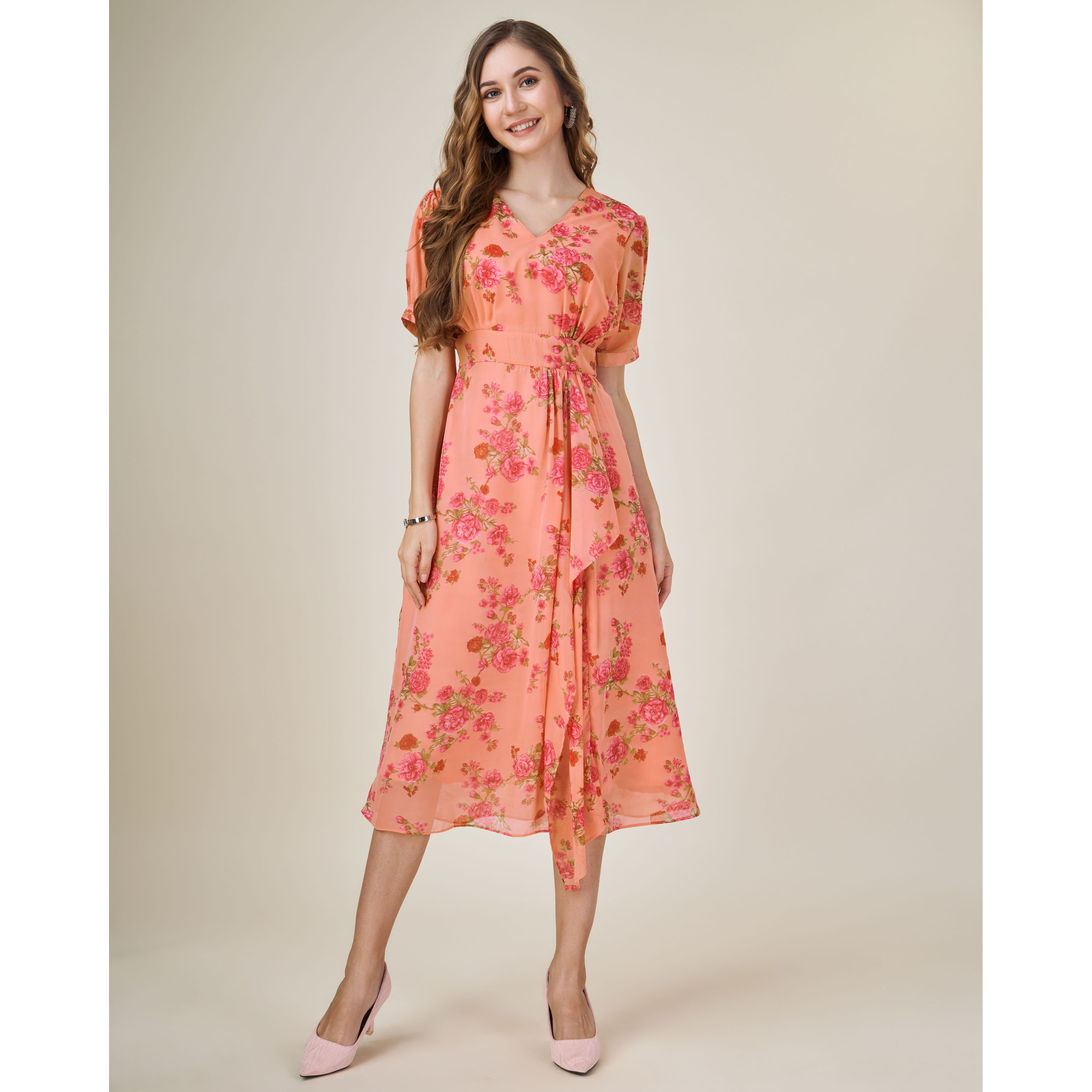 MOJILAA Women's Orange Georgette Draped Floral Printed Flared Dress