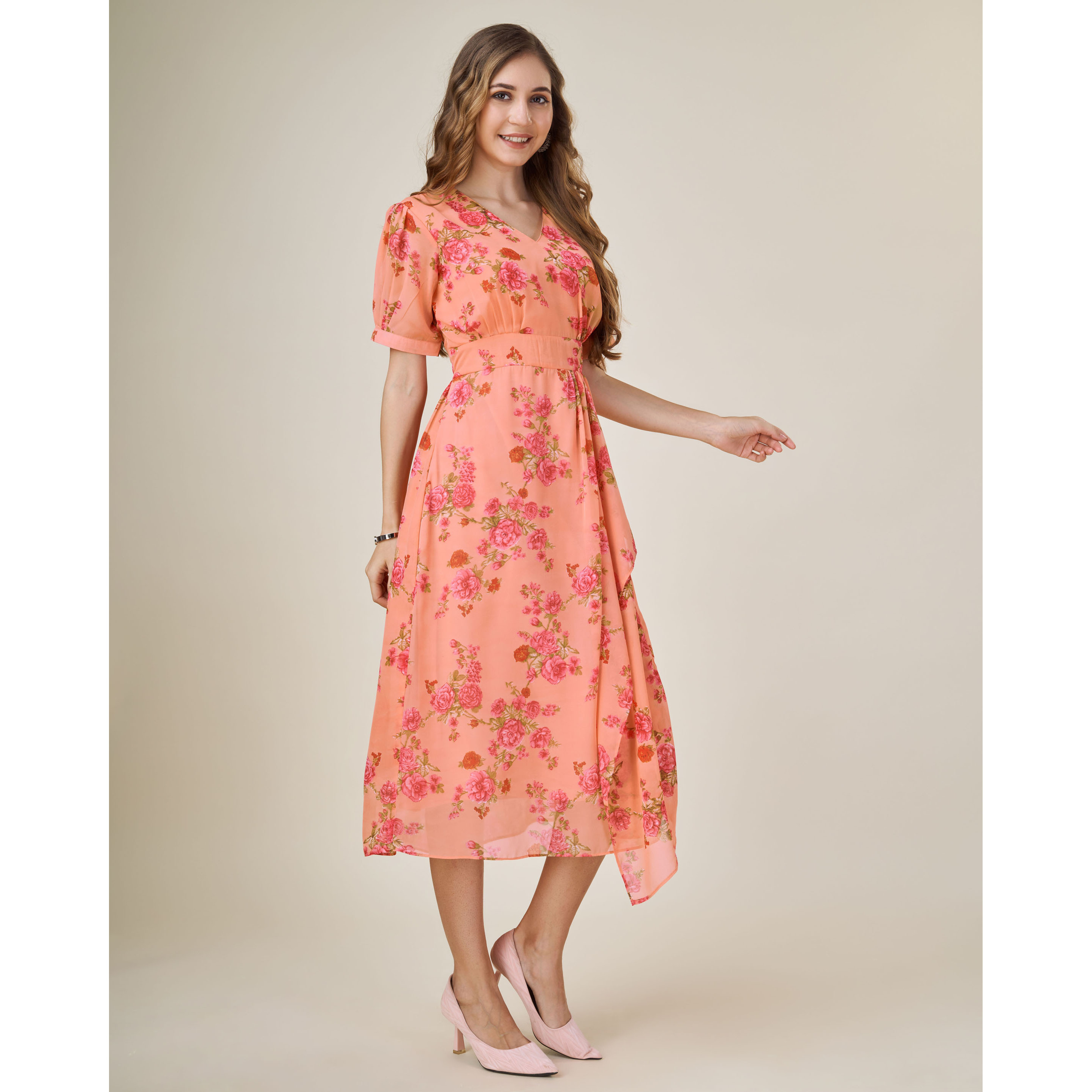 MOJILAA Women's Orange Georgette Draped Floral Printed Flared Dress (Size S, Color Orange)