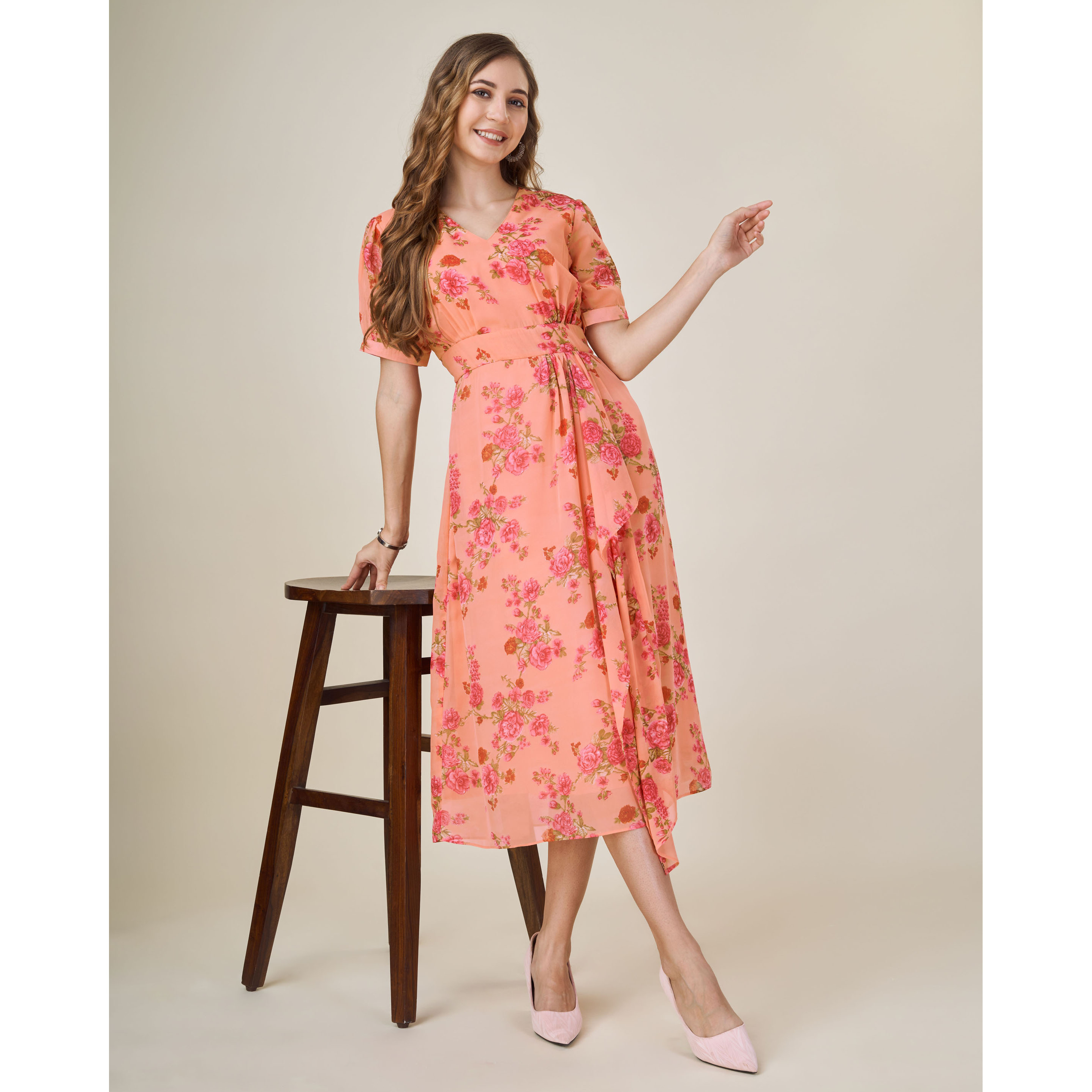 MOJILAA Women's Orange Georgette Draped Floral Printed Flared Dress (Size S, Color Orange)