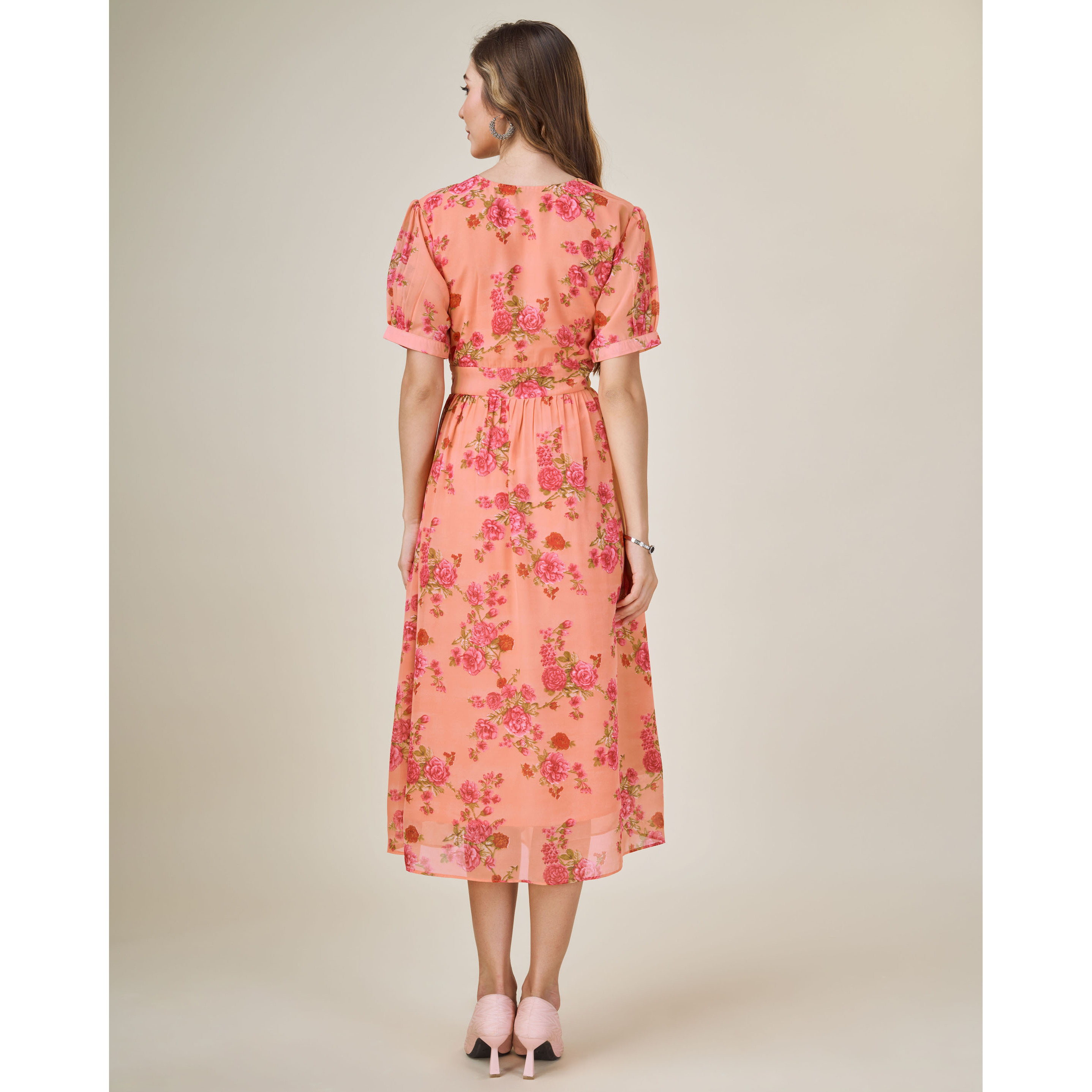MOJILAA Women's Orange Georgette Draped Floral Printed Flared Dress (Size S, Color Orange)