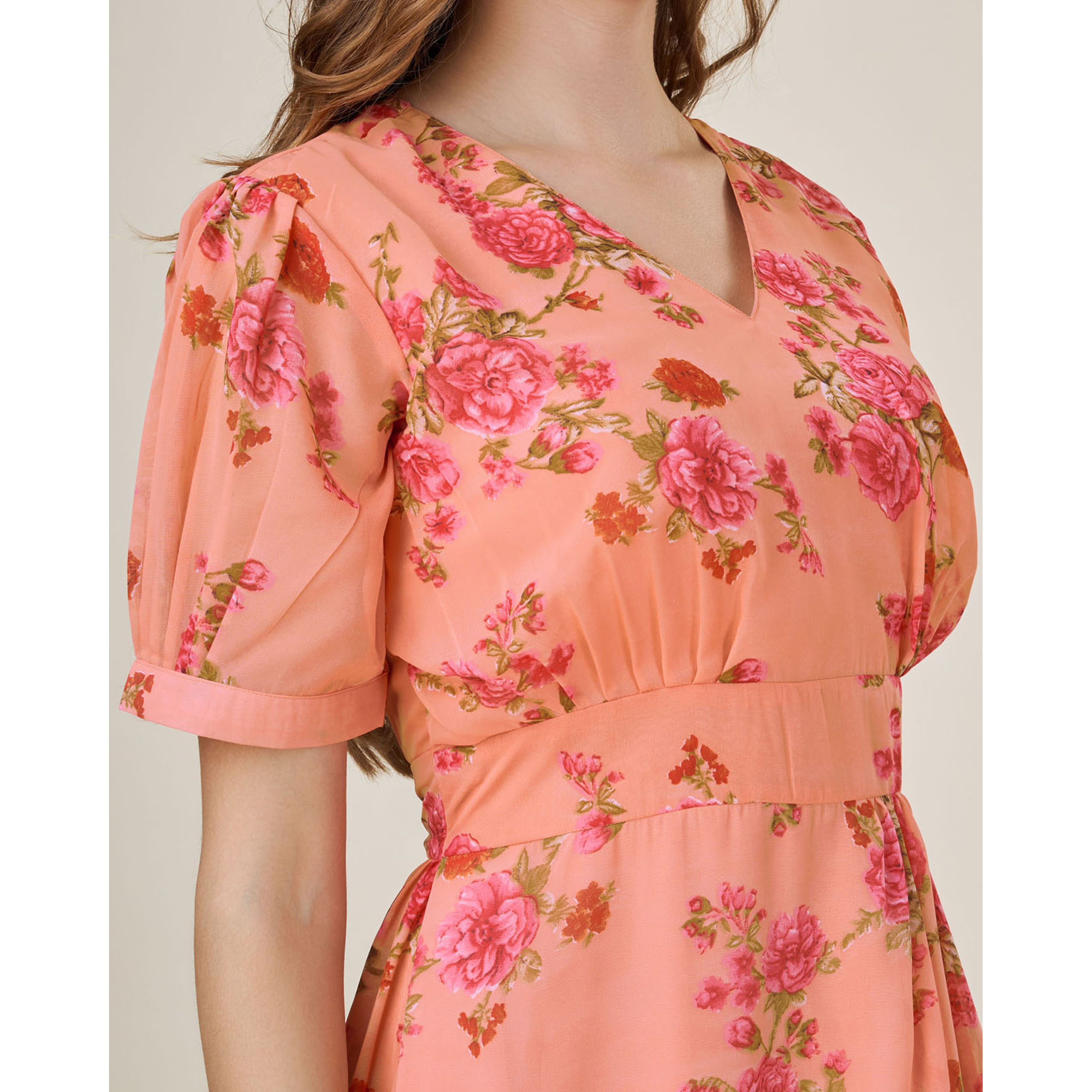 MOJILAA Women's Orange Georgette Draped Floral Printed Flared Dress (Size S, Color Orange)